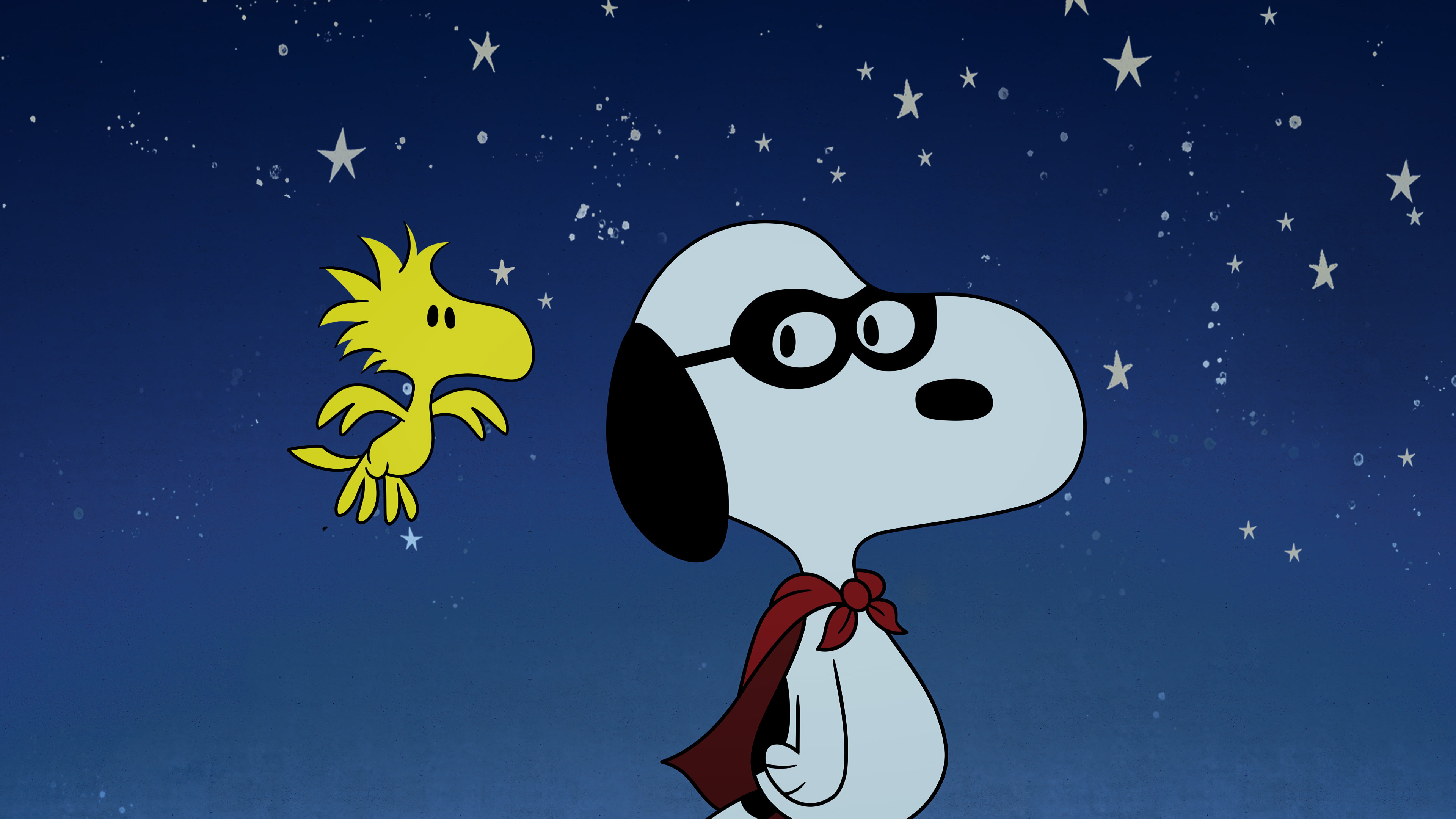 Superhero Snoopy, Woodstock, starry night sky, 4K Desktop wallpaper