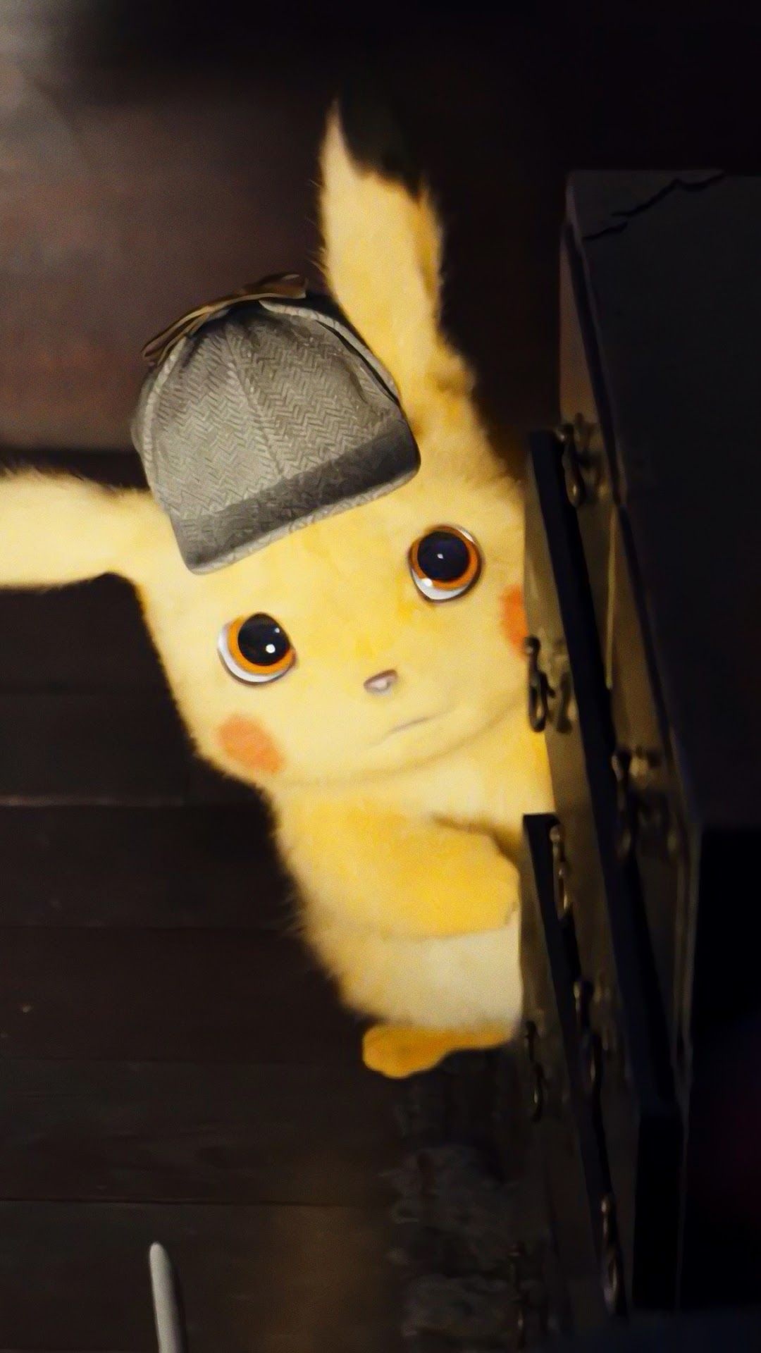 Detective Pikachu, Tweed deerstalker hat, Dark wooden cabinet, Full HD Phone wallpaper