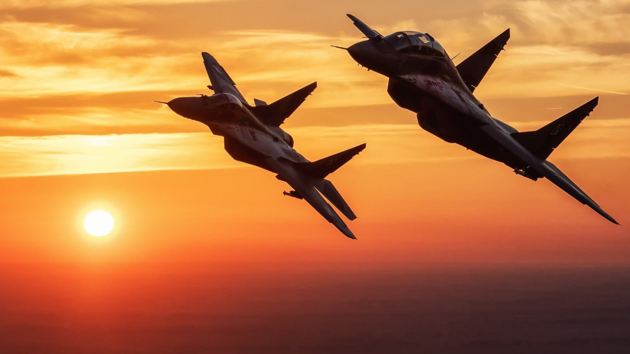 Mig 29, Polish Air Force, Evening skies, Sunset silhouette, Aviation courage, 2050x1160 HD Desktop