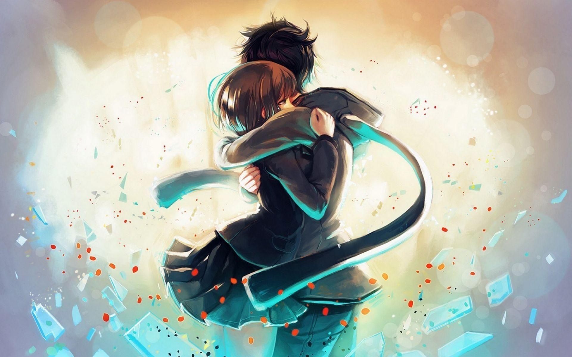 embracing anime couple, floating glowing glass shards, flowing cyan rim-lit scarf, HD Desktop wallpaper