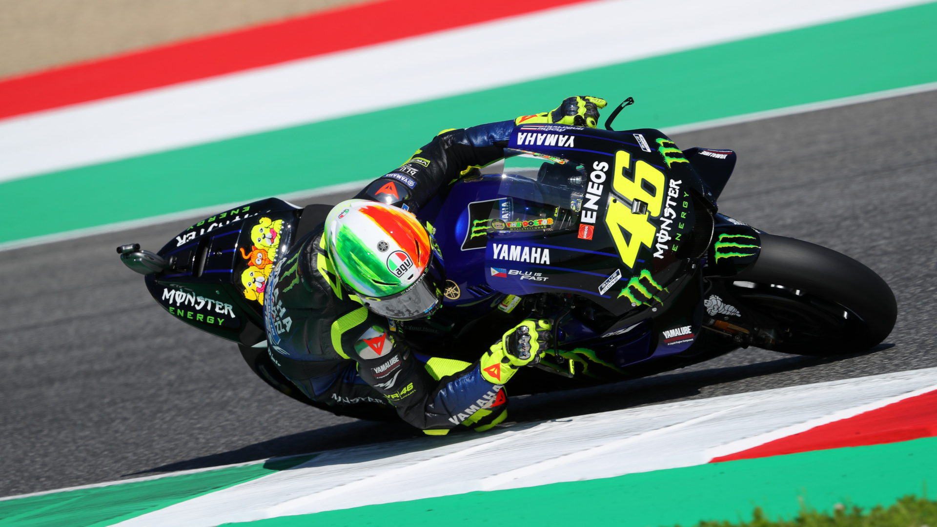 Valentino Rossi number 46, Monster Energy Yamaha YZR-M1, Italian tricolour helmet design, Mugello green white red kerbs, Full HD Desktop wallpaper