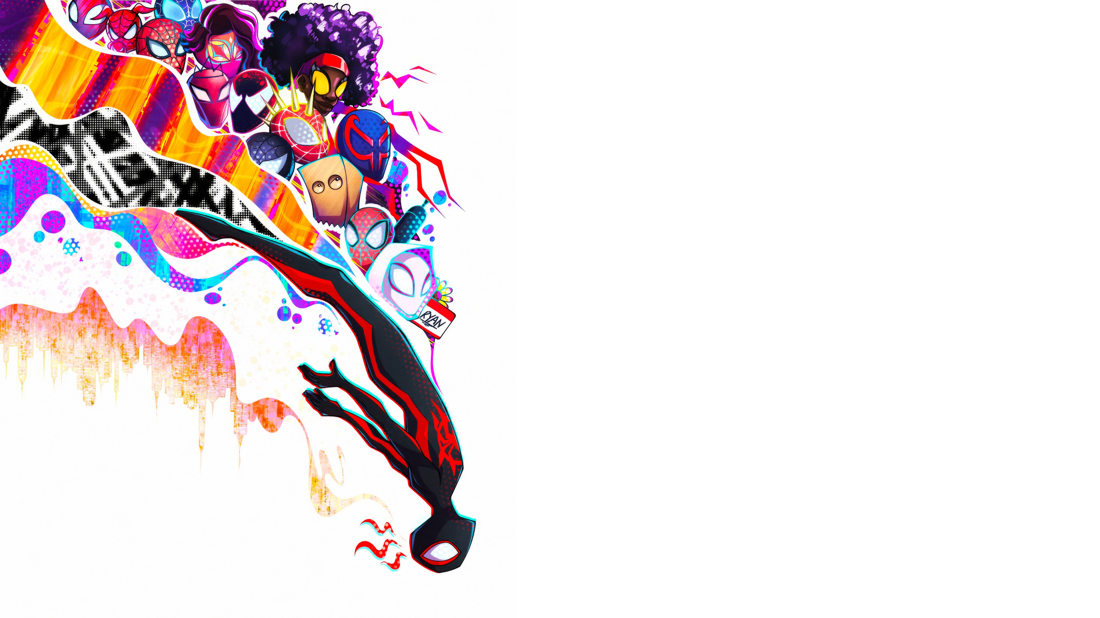 Across the Spider-Verse, Spider-Man 2099 (Miguel O'Hara), Miles Morales, Spider-Punk (Hobie Brown), Spider-Gwen (Gwen Stacy), Multicoloured comic trail, Blank white background, 4K Desktop wallpaper