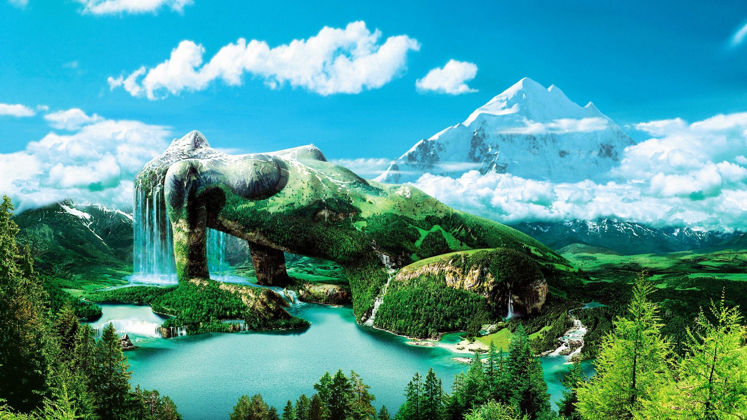 female form mountain landscape, turquoise alpine lake waterfalls, snow-capped mountain peak, HD Desktop wallpaper
