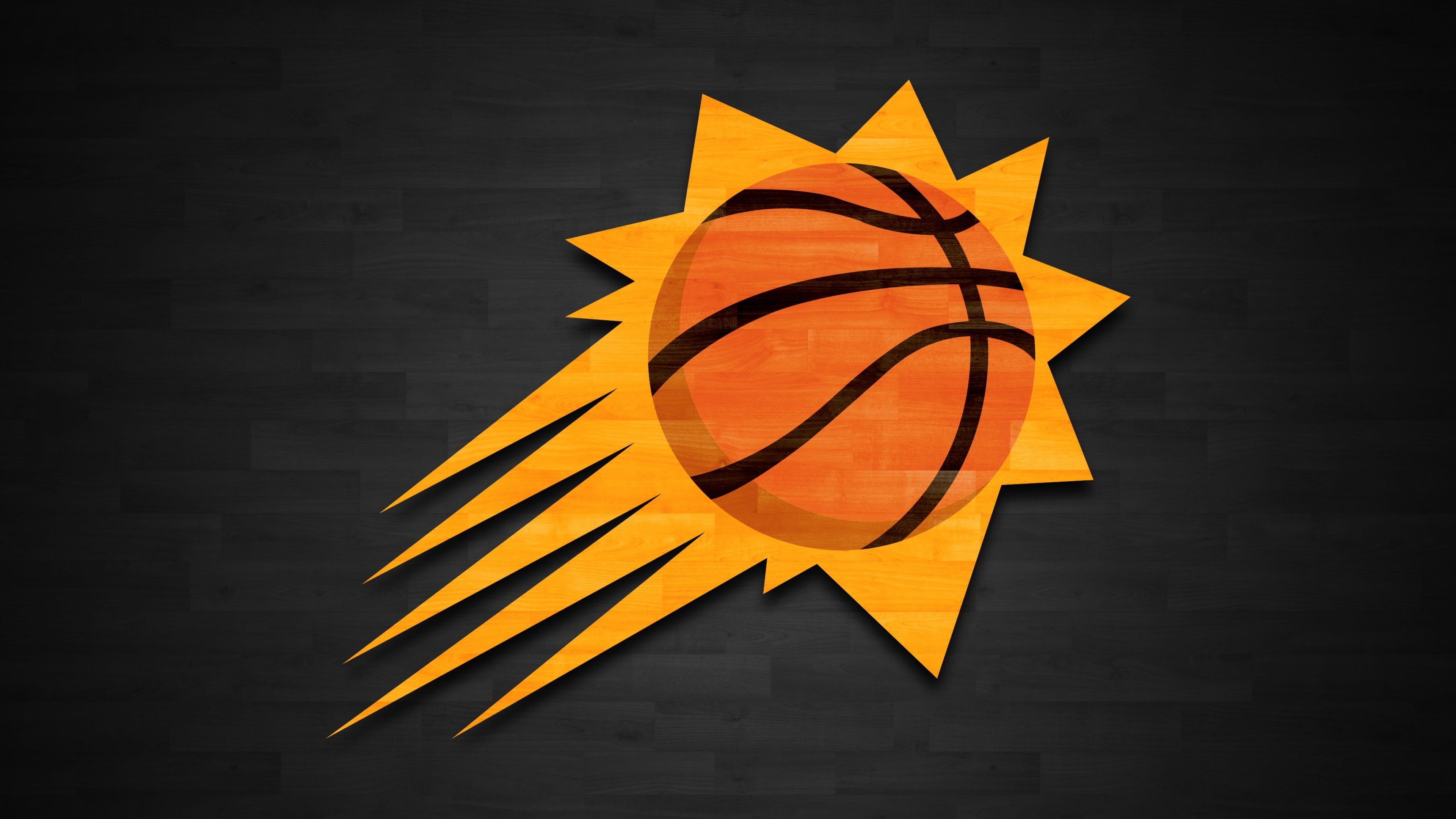 Phoenix Suns sunburst logo, Basketball with orange rays, Dark hardwood court backdrop, 4K Desktop wallpaper