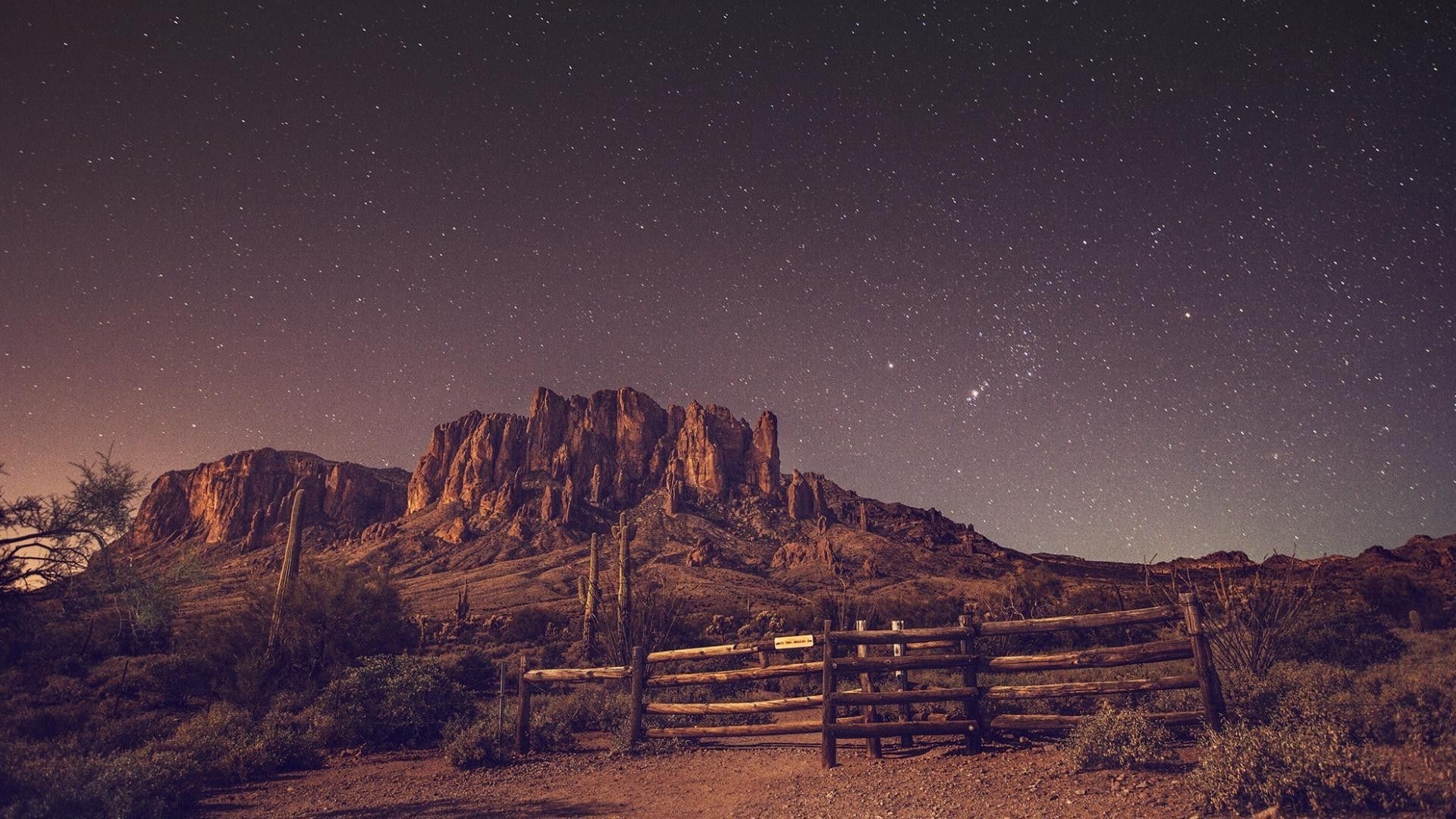 Superstition Mountains, starry night sky, wooden split-rail fence, Full HD Desktop wallpaper