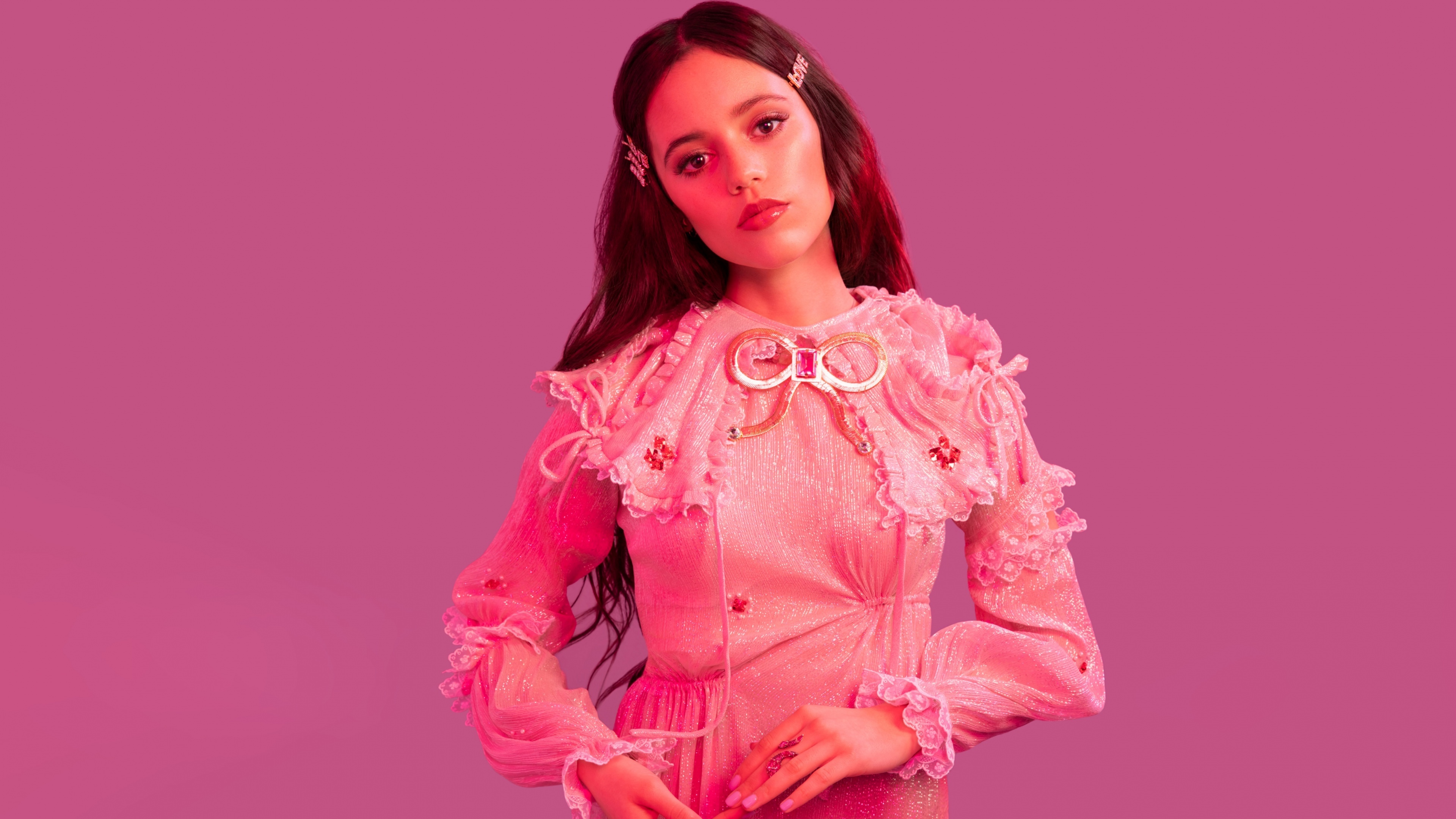 Jenna Ortega, pink ruffled dress, rhinestone hair clips, 4K Desktop wallpaper