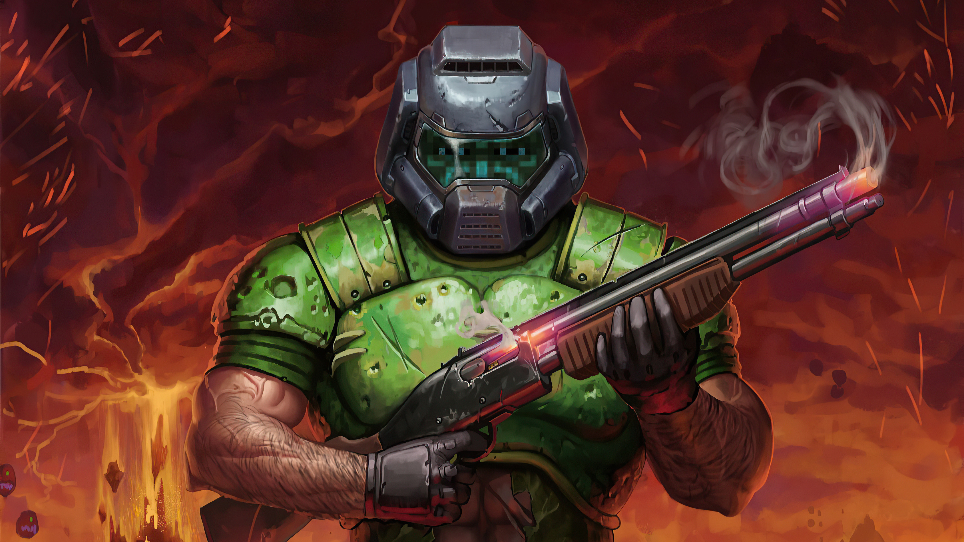 Doomguy, smoking pump-action shotgun, fiery Hellscape, HD Desktop wallpaper