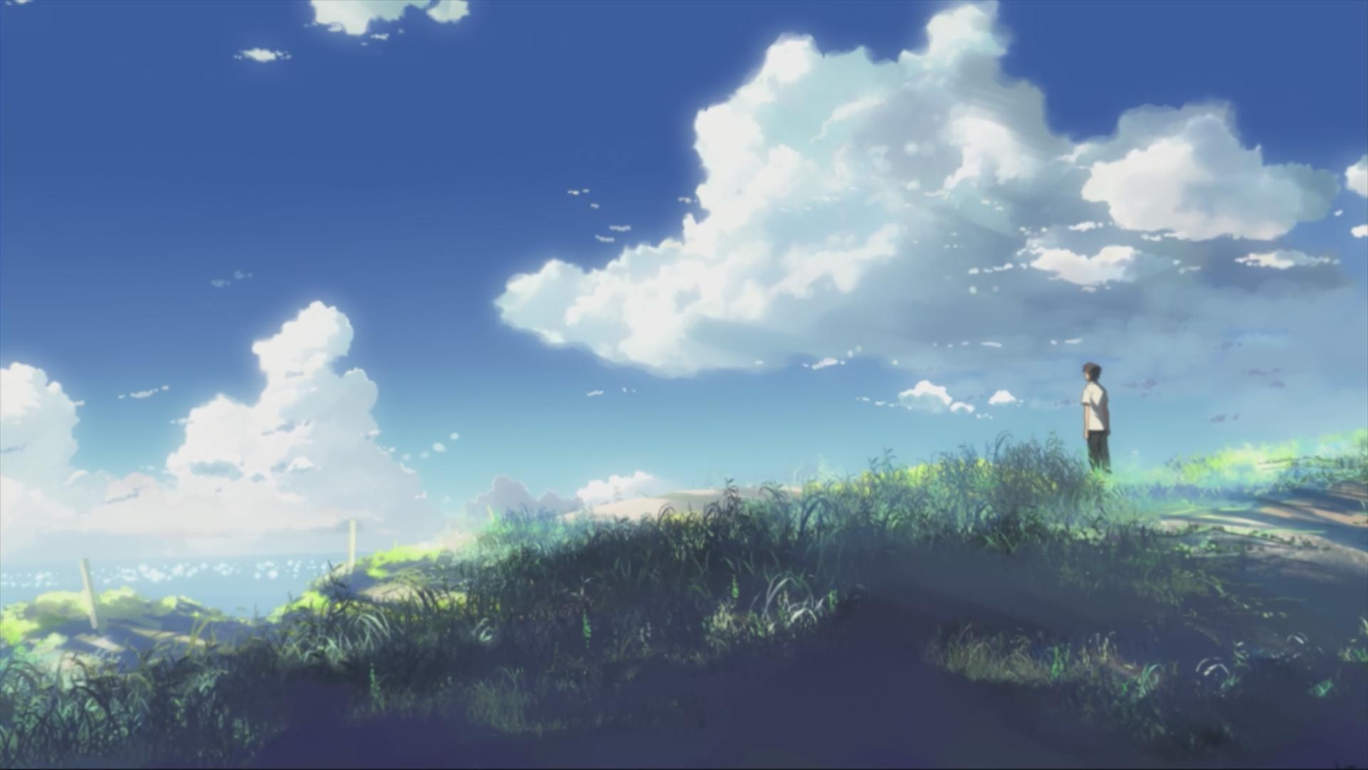 Takaki Tono on hillside, 5 Centimeters per Second, Vibrant cumulus clouds, Full HD Desktop wallpaper