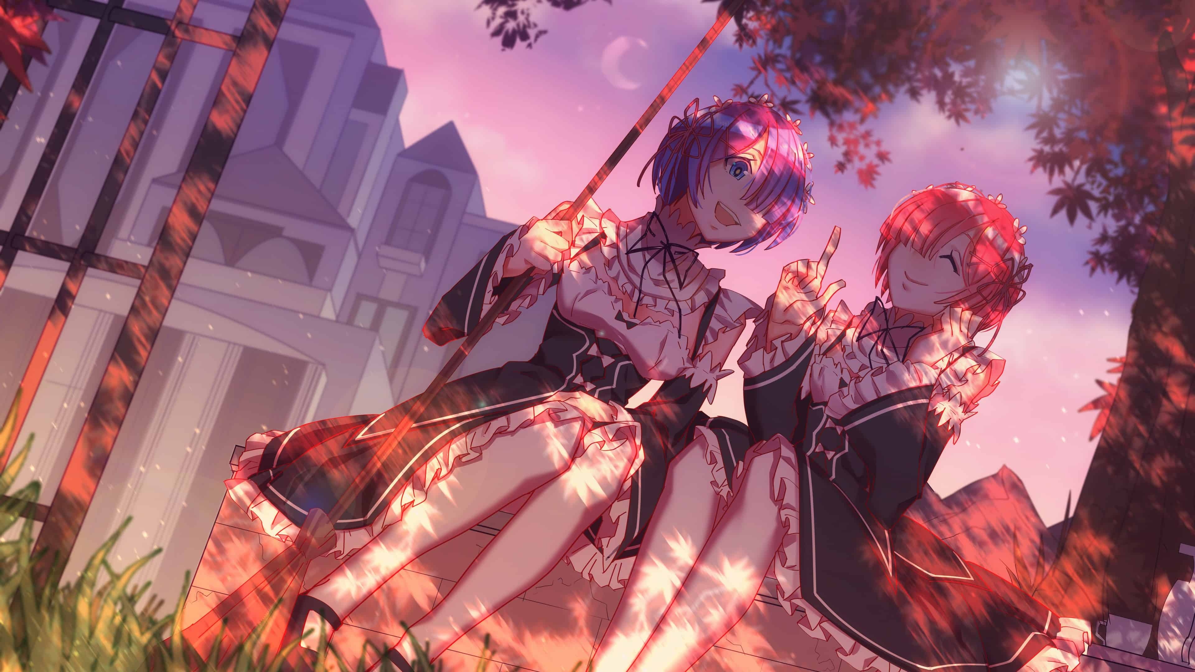Rem, Ram, Re:Zero maid uniform, Roswaal mansion background, 4K Desktop wallpaper