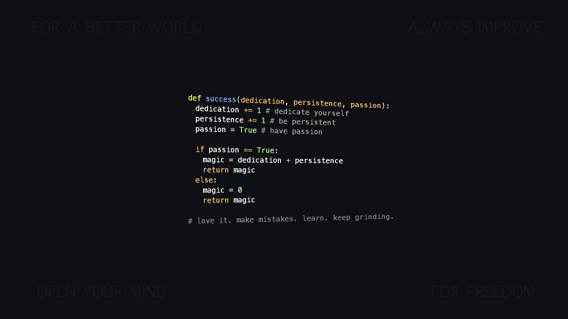def success Python function, motivational programming text, minimalist dark code editor, Full HD Desktop wallpaper