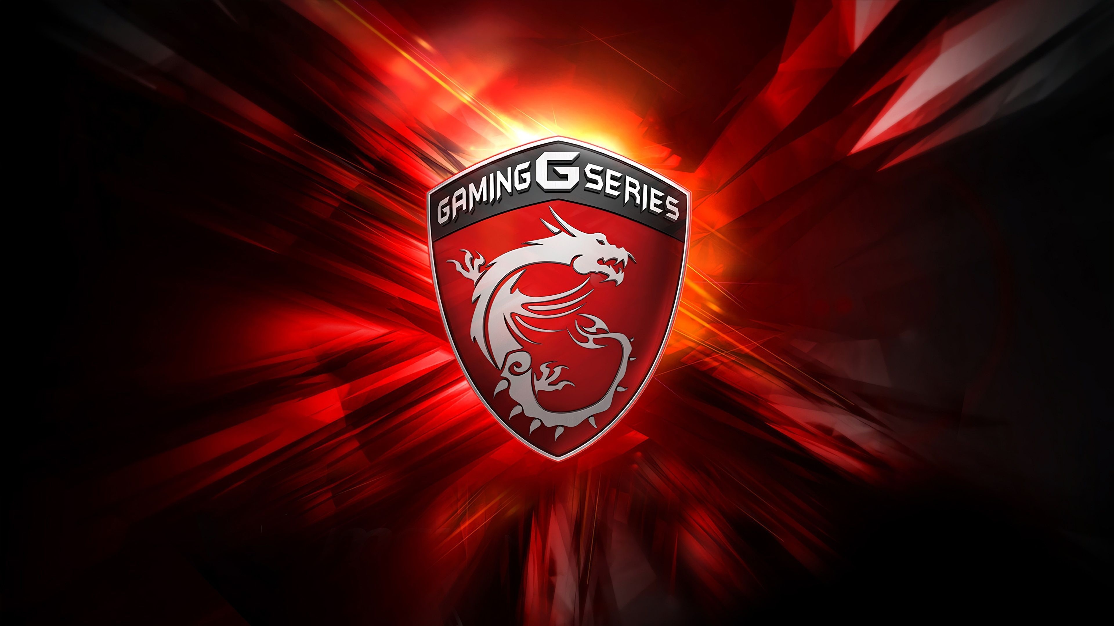 MSI Gaming dragon shield, GAMING G SERIES text, red abstract light rays, 4K Desktop wallpaper