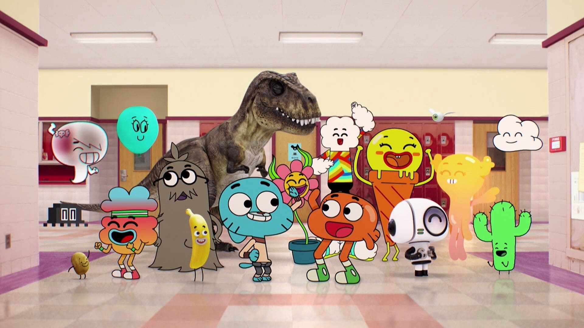 Gumball Watterson, Darwin Watterson, Tina Rex, Penny Fitzgerald, Elmore Junior High hallway, Full HD Desktop wallpaper