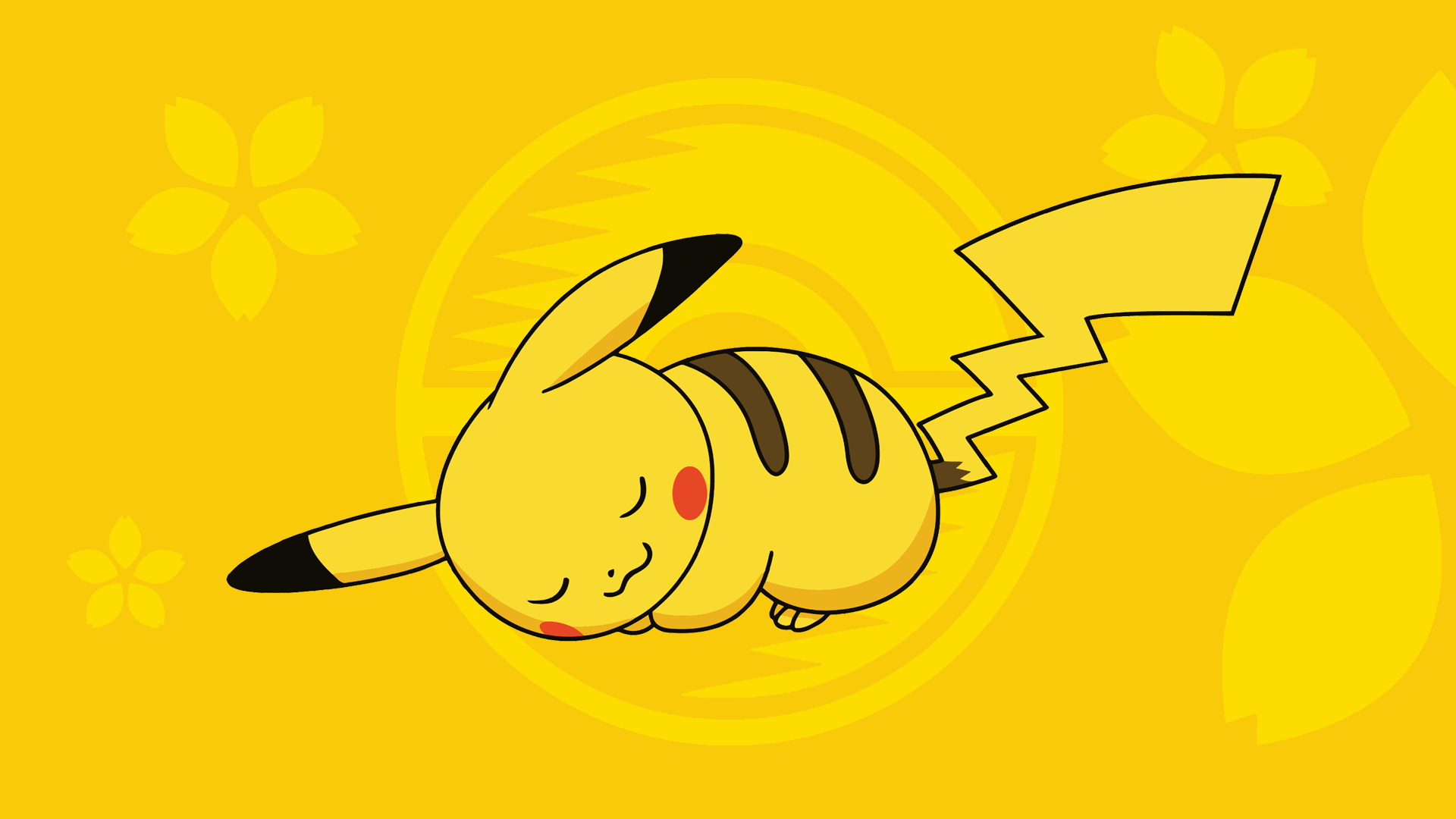 Sleeping Pikachu, Sakura flower silhouettes, Monochromatic yellow palette, Full HD Desktop wallpaper