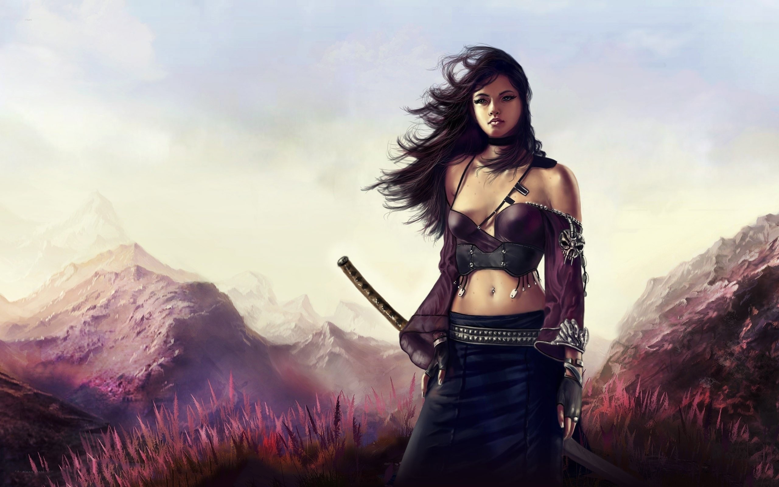 Female samurai warrior, Sheathed katana sword, Misty mountain range, HD Desktop wallpaper