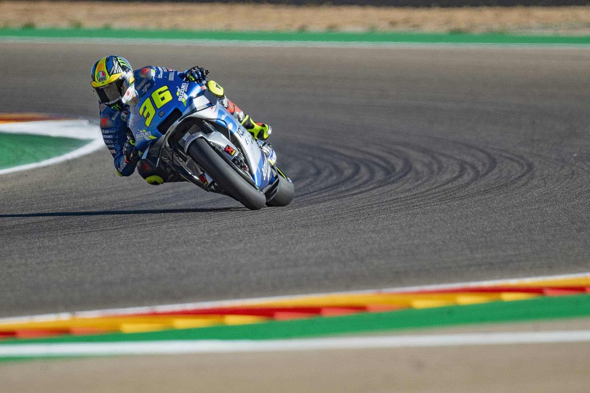 Joan Mir number 36, Suzuki Ecstar GSX-RR, MotoGP corner red yellow kerbs, HD Desktop wallpaper