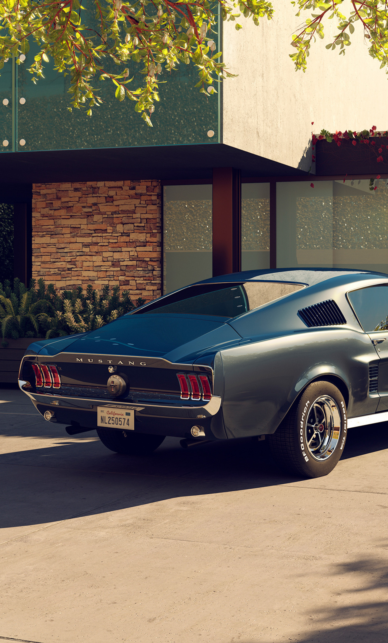 1967 Ford Mustang Fastback, BFGoodrich Radial T/A tires, Modern stone house driveway, HD Phone wallpaper