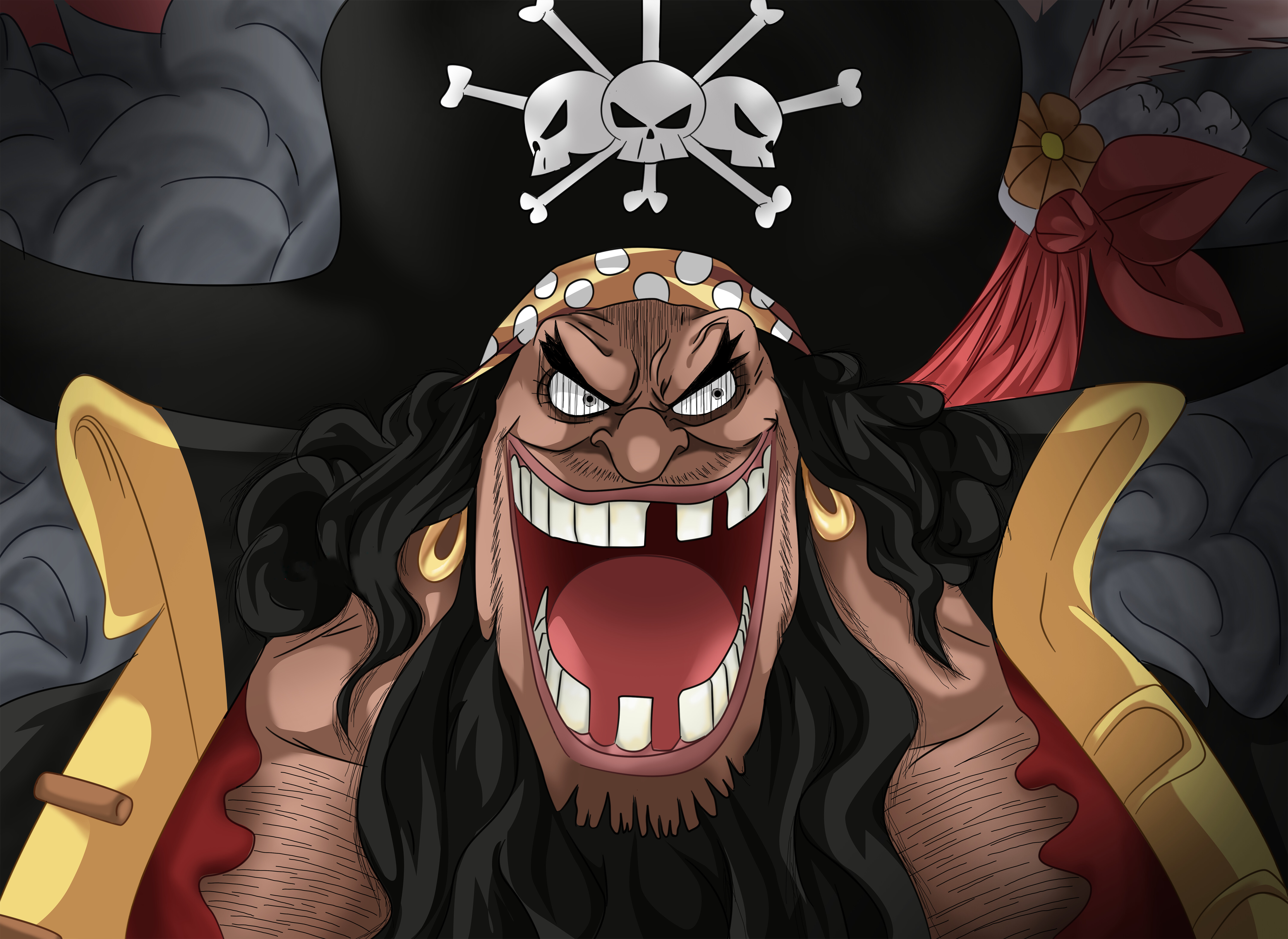 Blackbeard, Blackbeard Pirates, Missing teeth grin, Three-skull Jolly Roger, 4K Desktop wallpaper