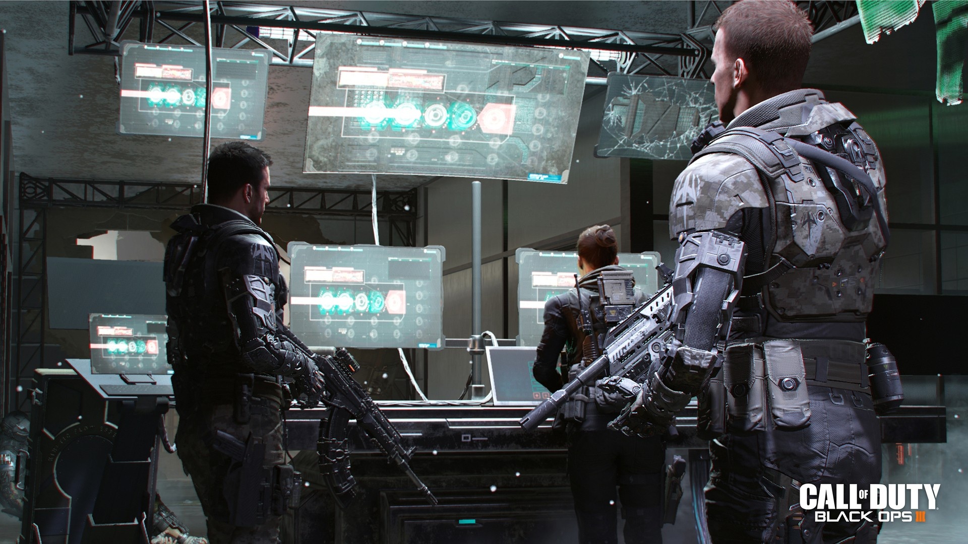 Call of Duty: Black Ops III, Cybernetic exoskeleton soldiers, Holographic tactical display screens, Full HD Desktop wallpaper