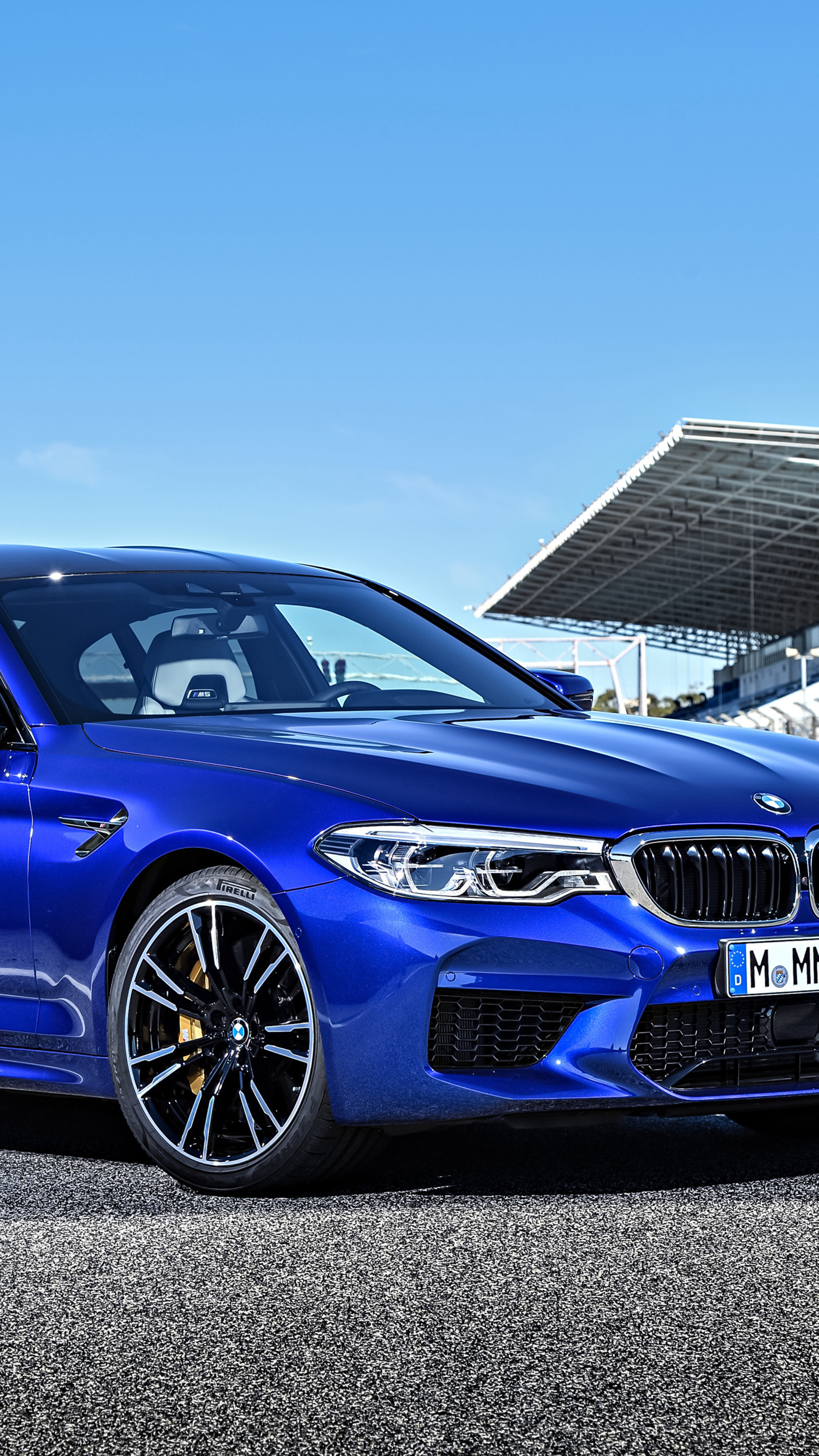 BMW M5 F90, racetrack grandstand, asphalt race track, 4K Phone wallpaper