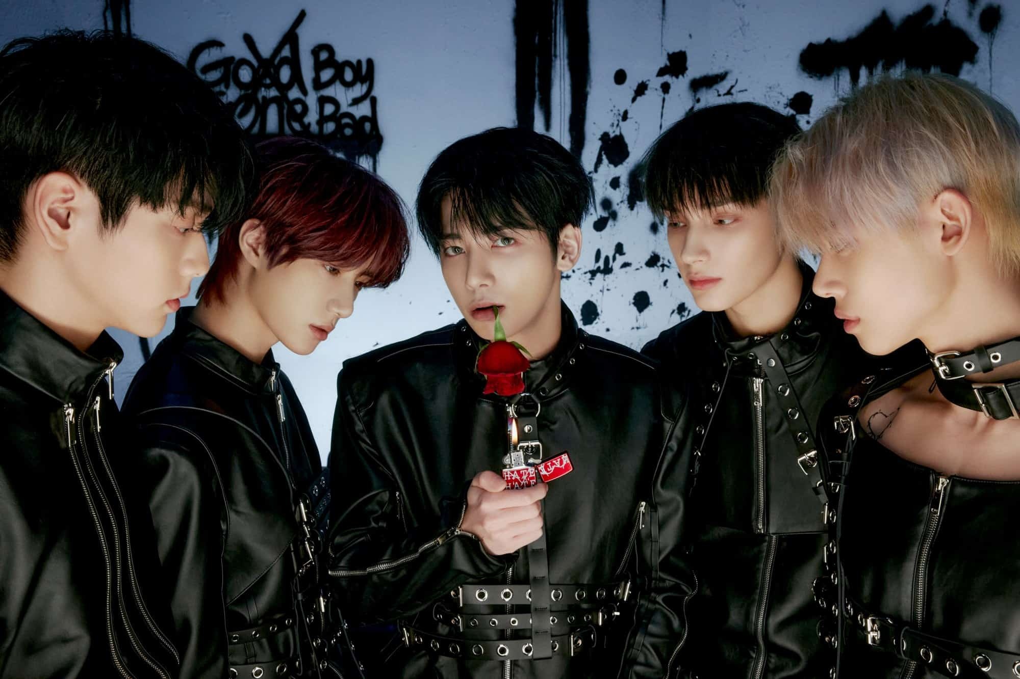 TXT members, Good Boy Gone Bad graffiti, Taehyun holding burning rose, Black leather biker jackets, HD Desktop wallpaper
