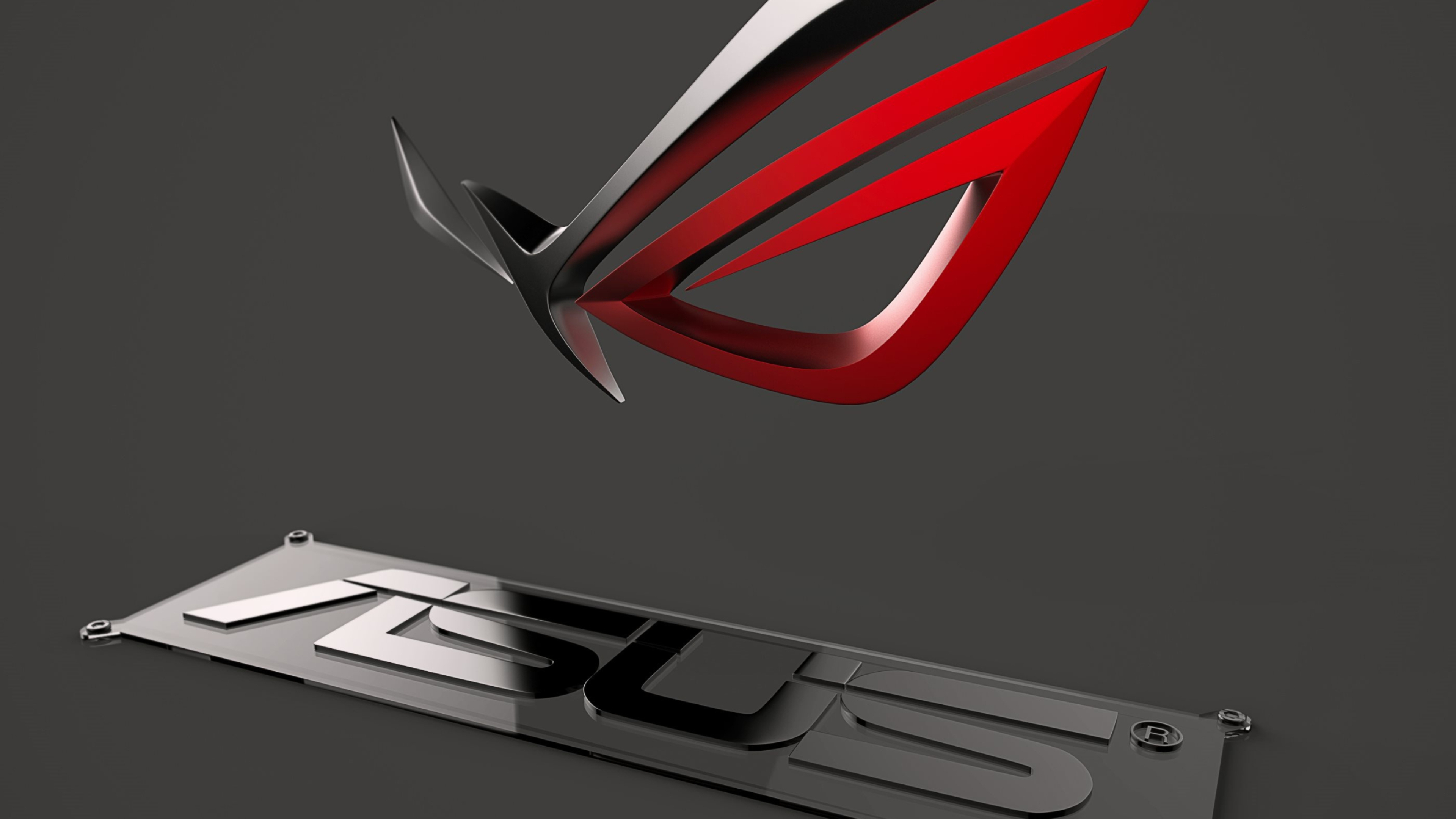 Asus ROG logo, ASUS metal nameplate, dark gray surface, 4K Desktop wallpaper