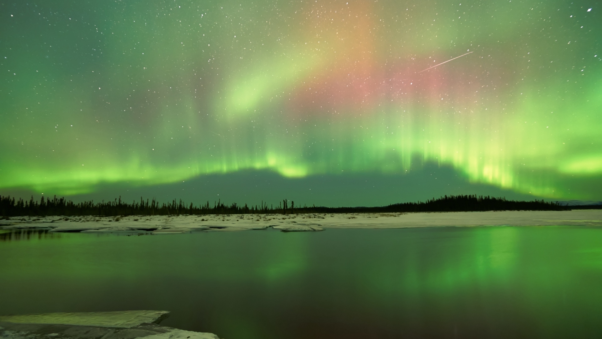 Alaska aurora borealis, Reflective icy river, Snowy boreal forest, Full HD Desktop wallpaper