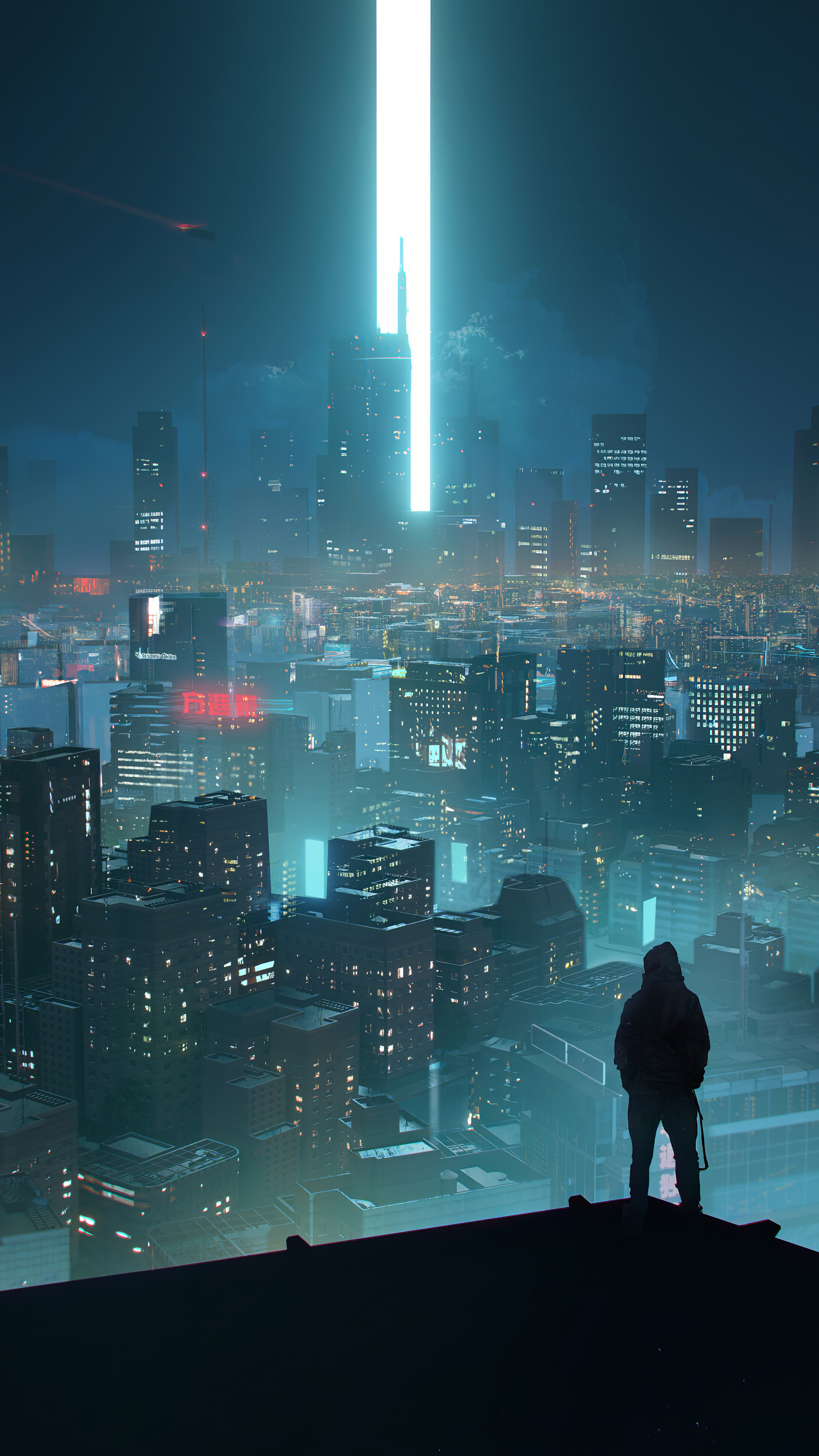 Rooftop scifi, Hoodie guy, Sony Xperia, 4K wallpapers, 2160x3840 4K Phone