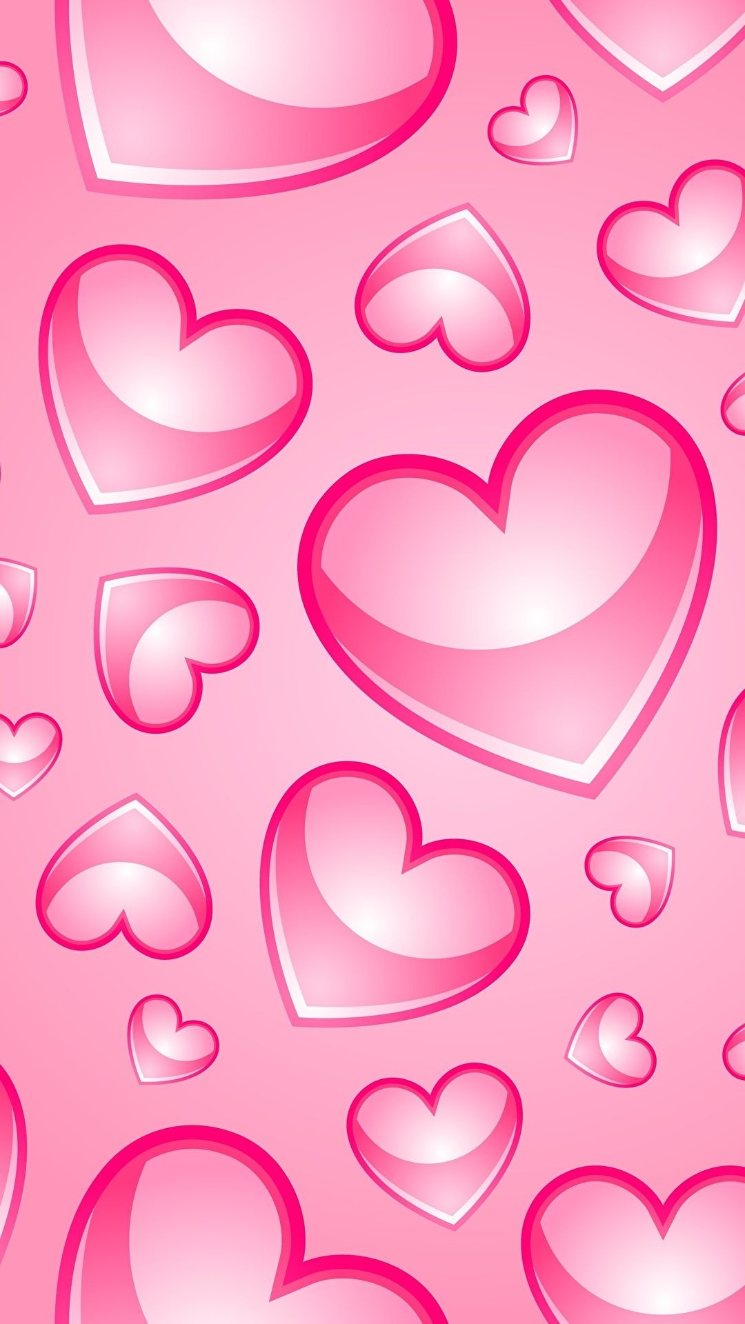 glossy pink hearts, scattered hearts pattern, magenta outlined hearts, Full HD Phone wallpaper
