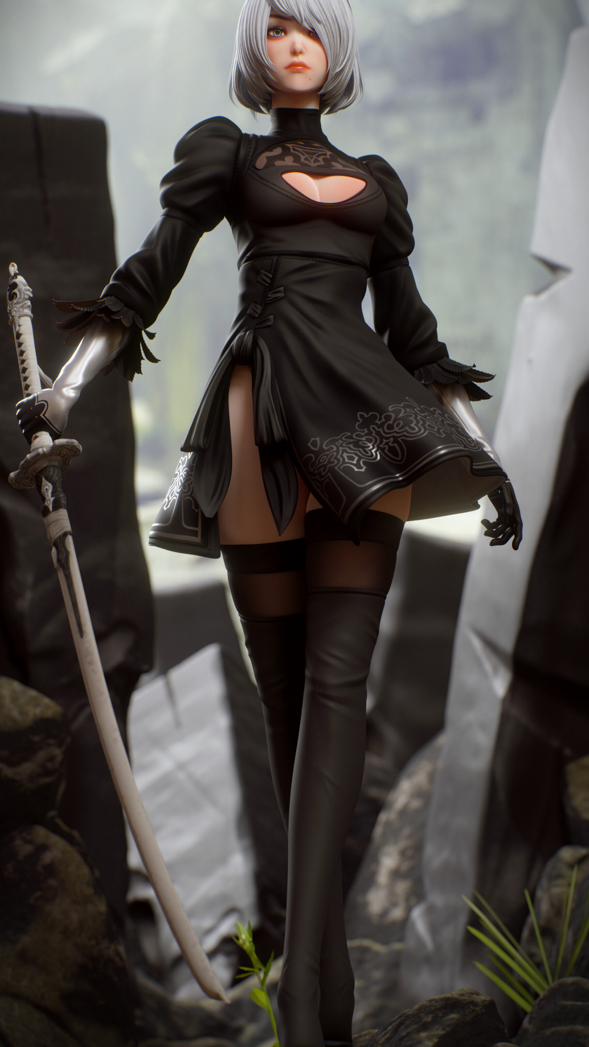 2B NieR: Automata, Virtuous Contract katana, Black gothic dress, HD Phone wallpaper