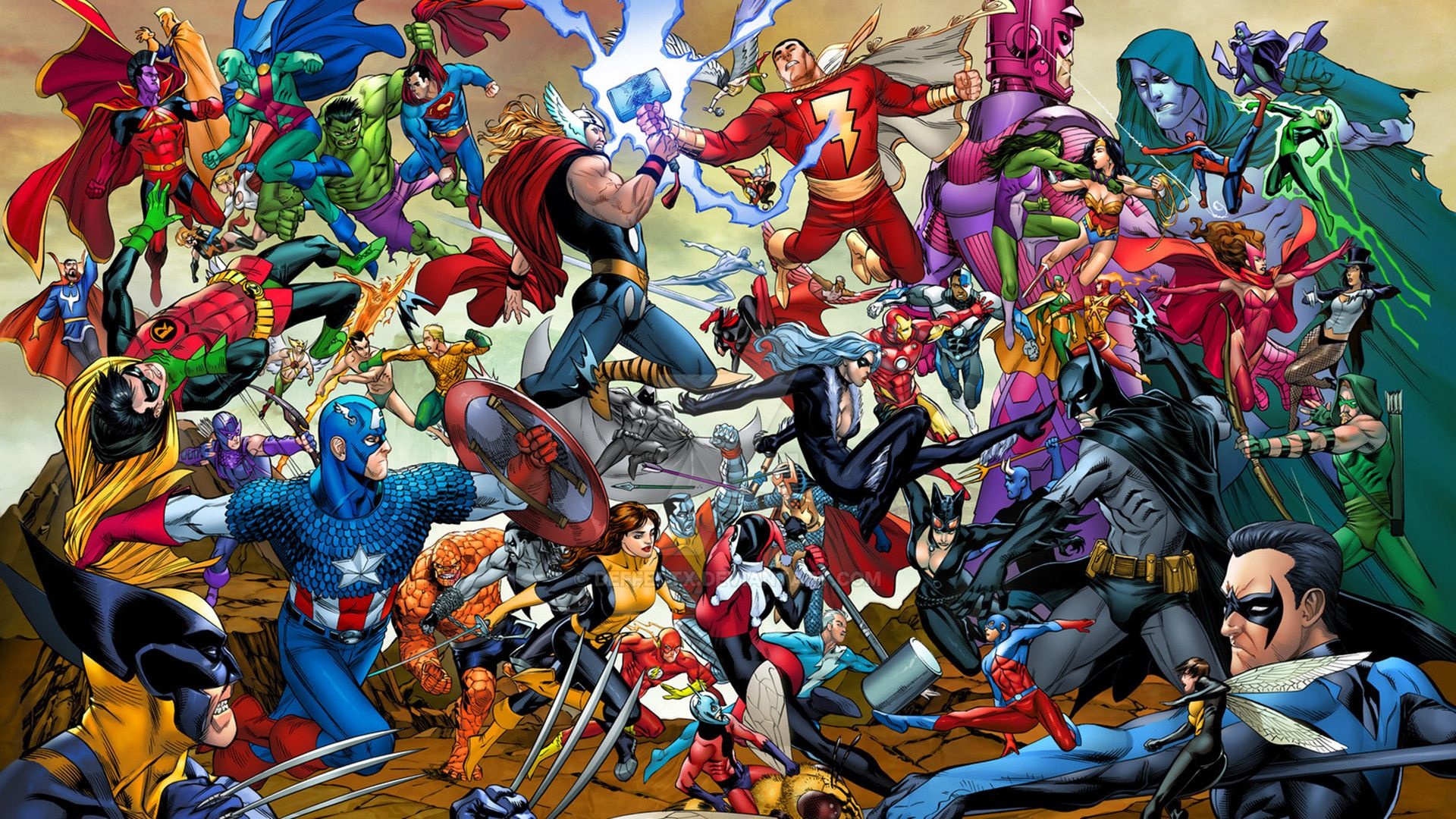 Marvel vs DC crossover, Thor fighting Shazam, Captain America, Batman, Wolverine, Full HD Desktop wallpaper