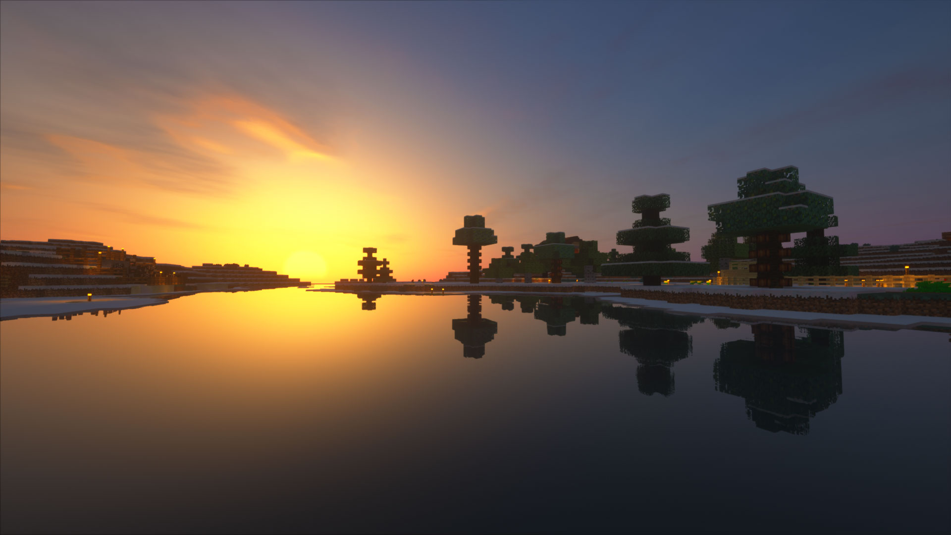 Minecraft blocky trees, Reflective shader water, Golden sunset horizon, Full HD Desktop wallpaper