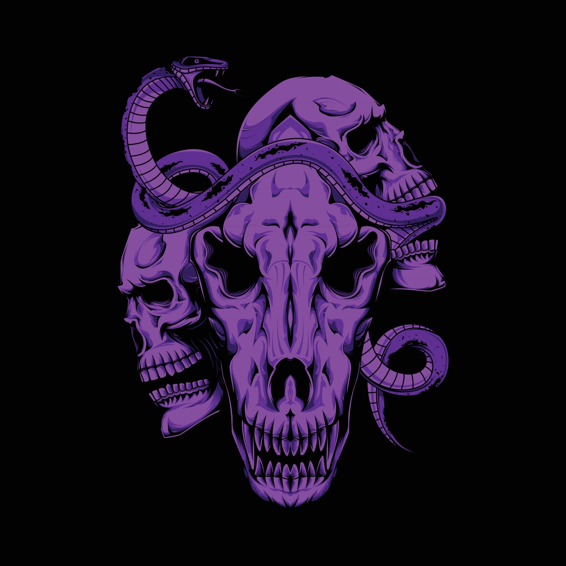 Fanged beast skull centrepiece, Two human skulls flanking, Coiled snake with fangs, Violet monochrome palette, HD Phone wallpaper