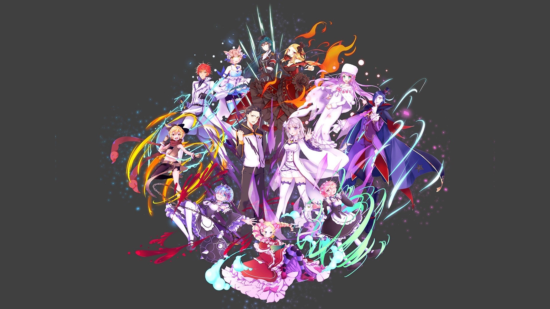 Subaru Natsuki, Emilia, Rem and Ram, Beatrice, Re:Zero cast ensemble, Full HD Desktop wallpaper
