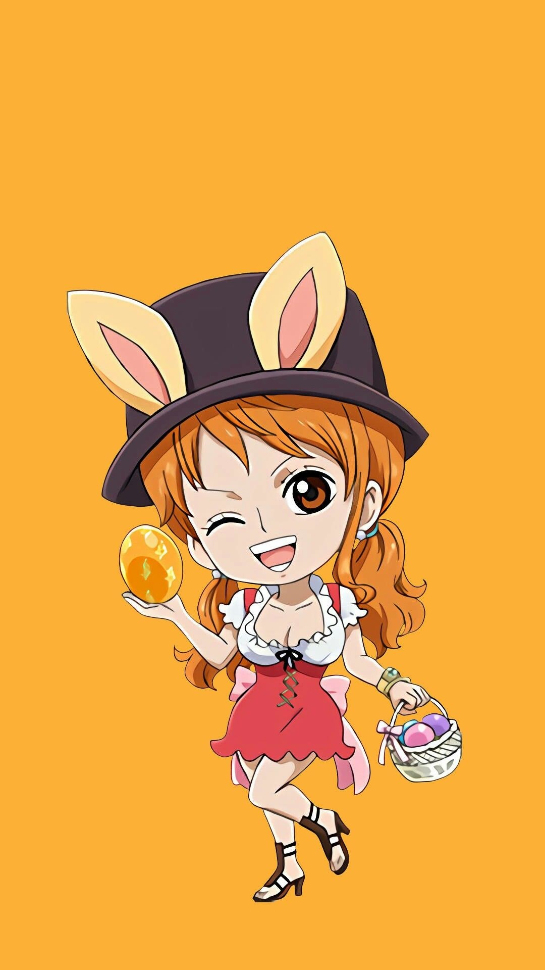 chibi Nami, bunny ears hat, Easter egg basket, Full HD Phone wallpaper