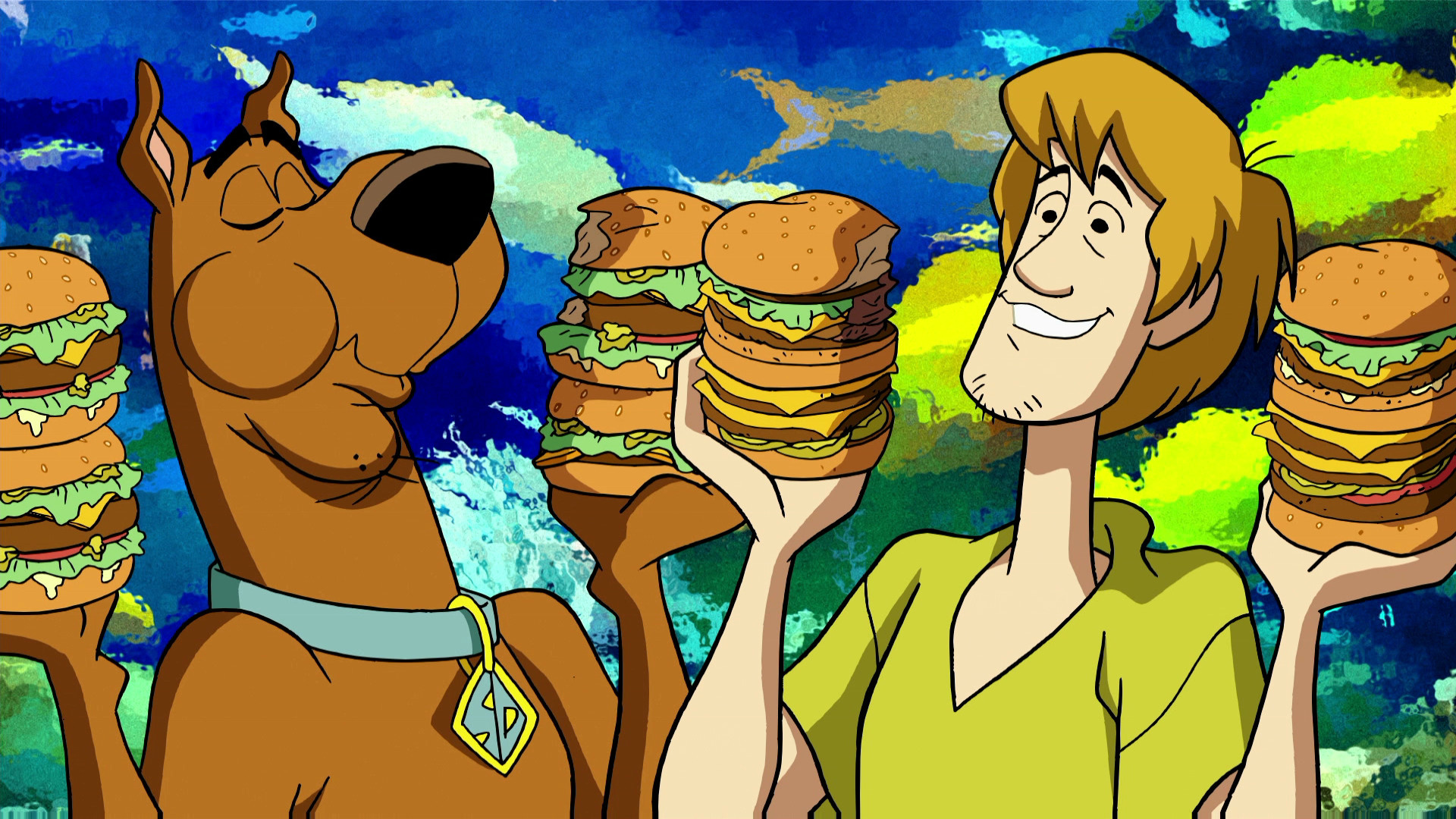 Scooby-Doo, Shaggy Rogers, stacked hamburgers, Full HD Desktop wallpaper