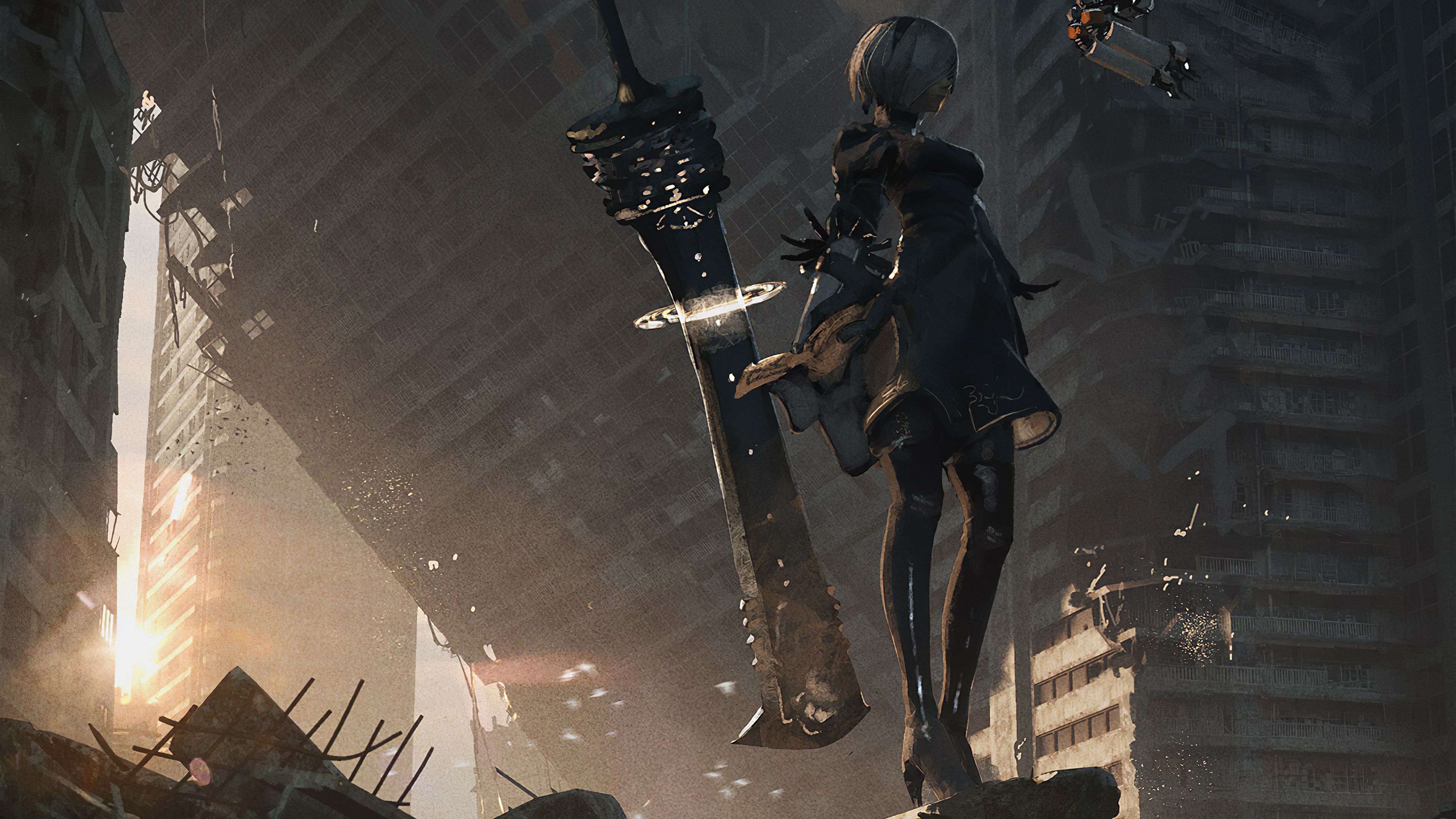 YoRHa No.2 Type B, Pod 042, Ruined skyscraper cityscape, 4K Desktop wallpaper