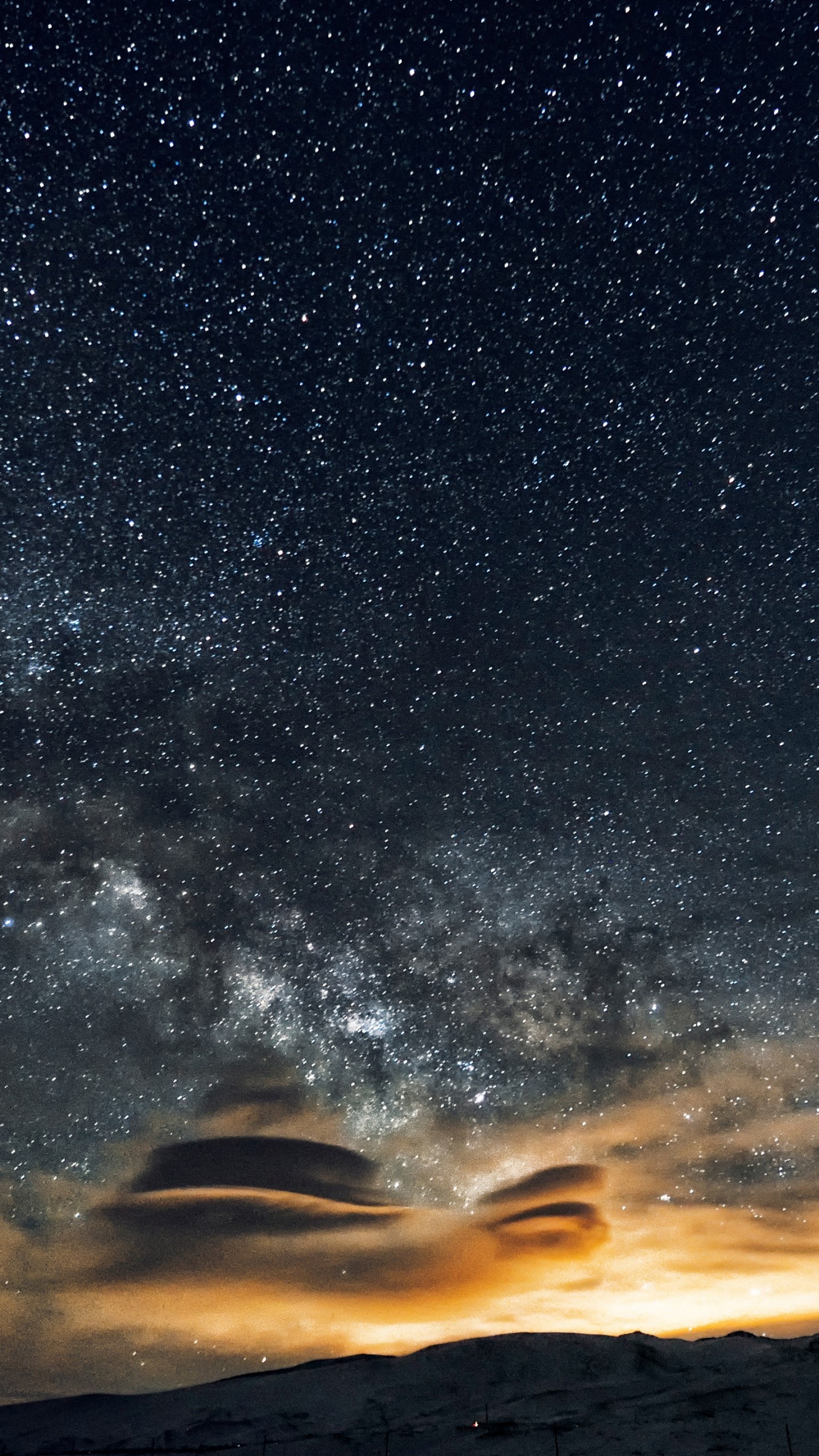 Milky Way galaxy, illuminated lenticular clouds, snowy mountain ridge, HD Phone wallpaper