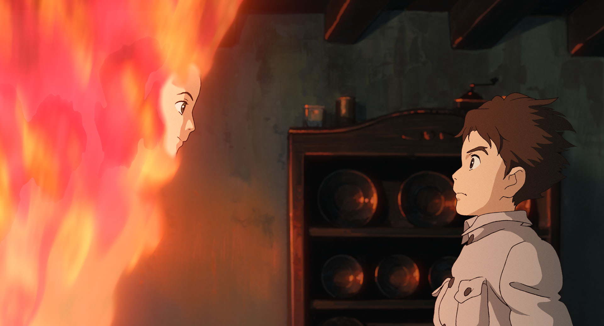 Mahito Maki, The Boy and the Heron, Flaming spirit in a dark room, HD Desktop wallpaper