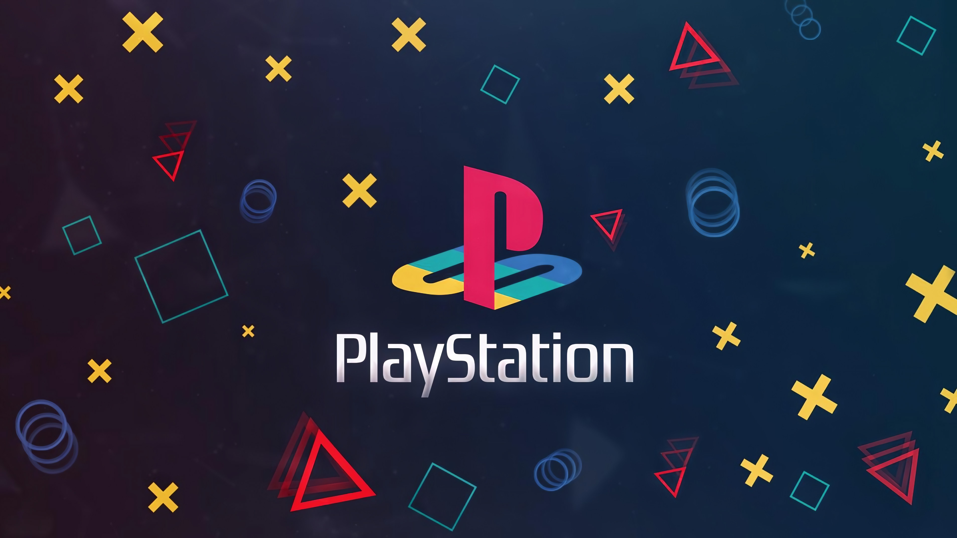Classic PlayStation logo, PlayStation text logo, PlayStation button symbols, 4K Desktop wallpaper