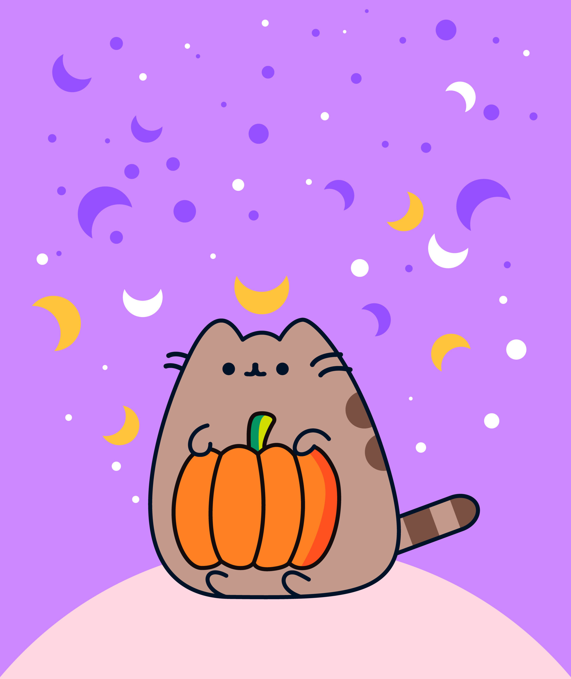 Pusheen the cat, Orange pumpkin, Purple crescent moon sky, HD Phone wallpaper