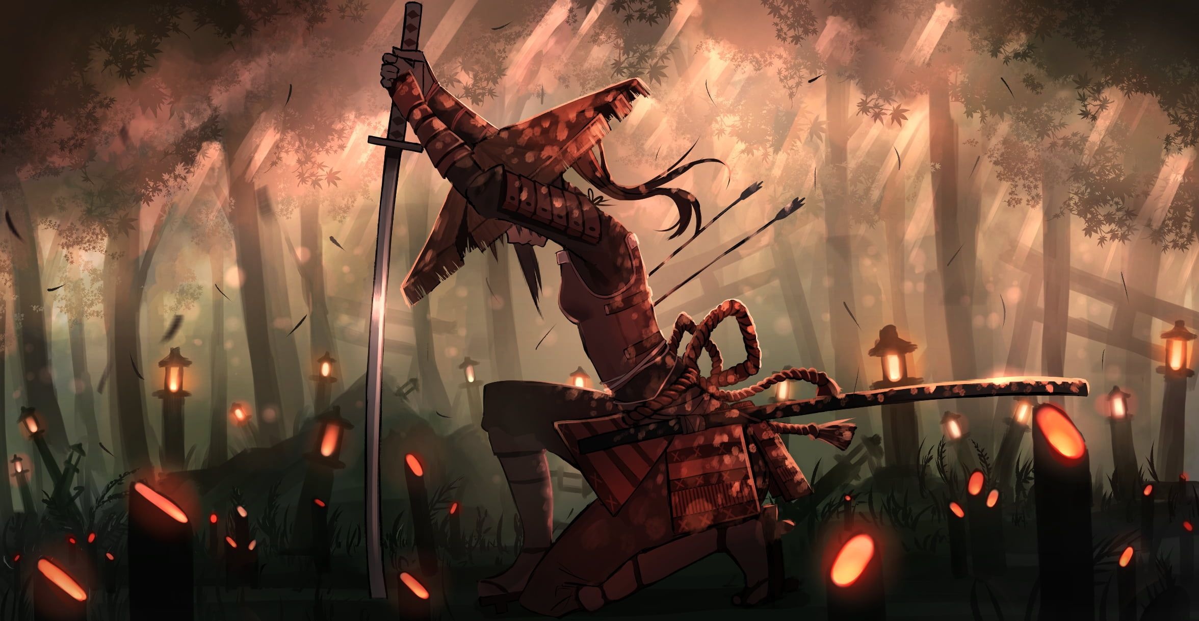 Straw hat female samurai, Drawn katana sword, Lantern lit bamboo forest, HD Desktop wallpaper