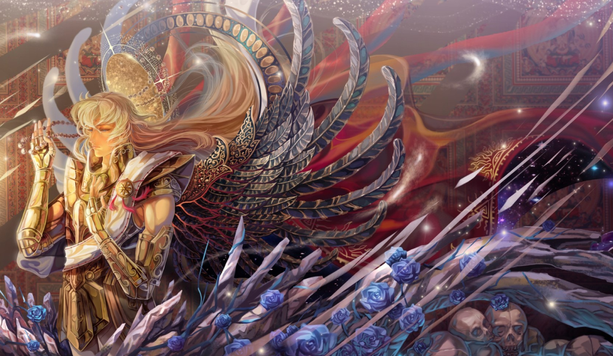 Virgo Shaka, Virgo Gold Cloth, blue roses and skulls, HD Desktop wallpaper