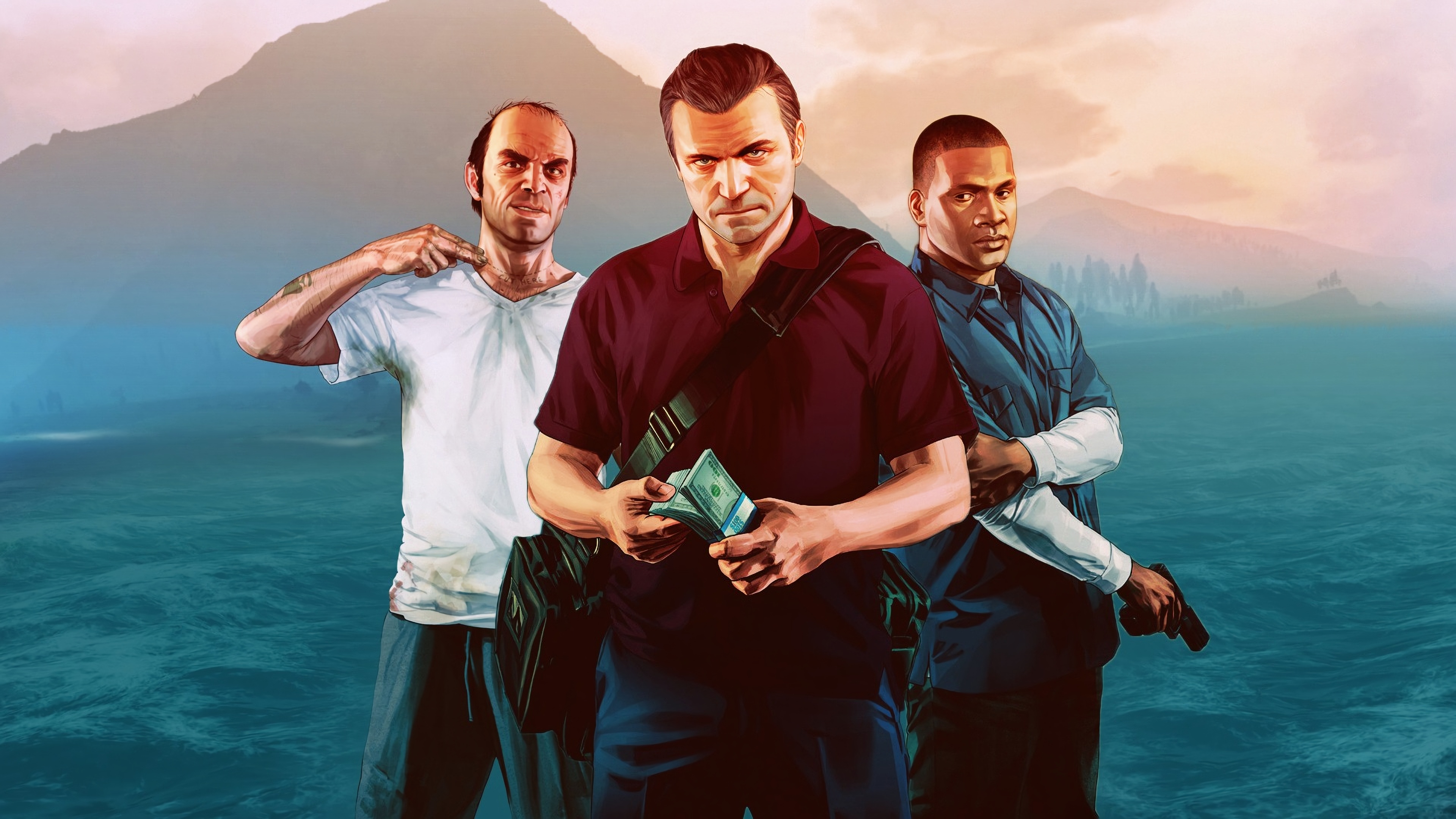 Michael De Santa in red polo, Trevor Philips in white t-shirt, Franklin Clinton in blue shirt, Stack of dollar bills, Coastal mountain at dusk, 4K Desktop wallpaper