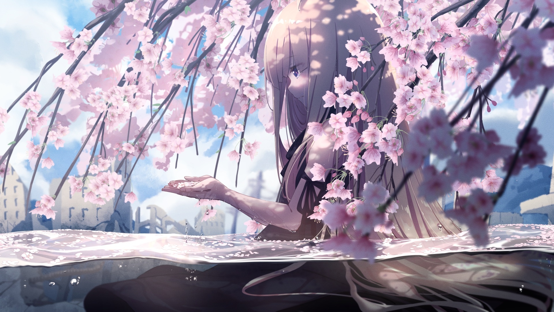 Anime girl in water, Weeping cherry blossom tree, Floating pink sakura petals, Full HD Desktop wallpaper