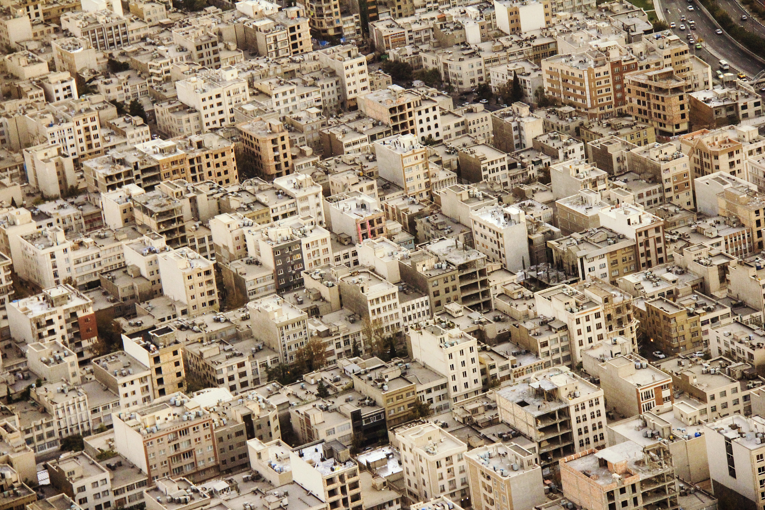 Tehran urban cityscape, dense apartment blocks, rooftop evaporative coolers, HD Desktop wallpaper