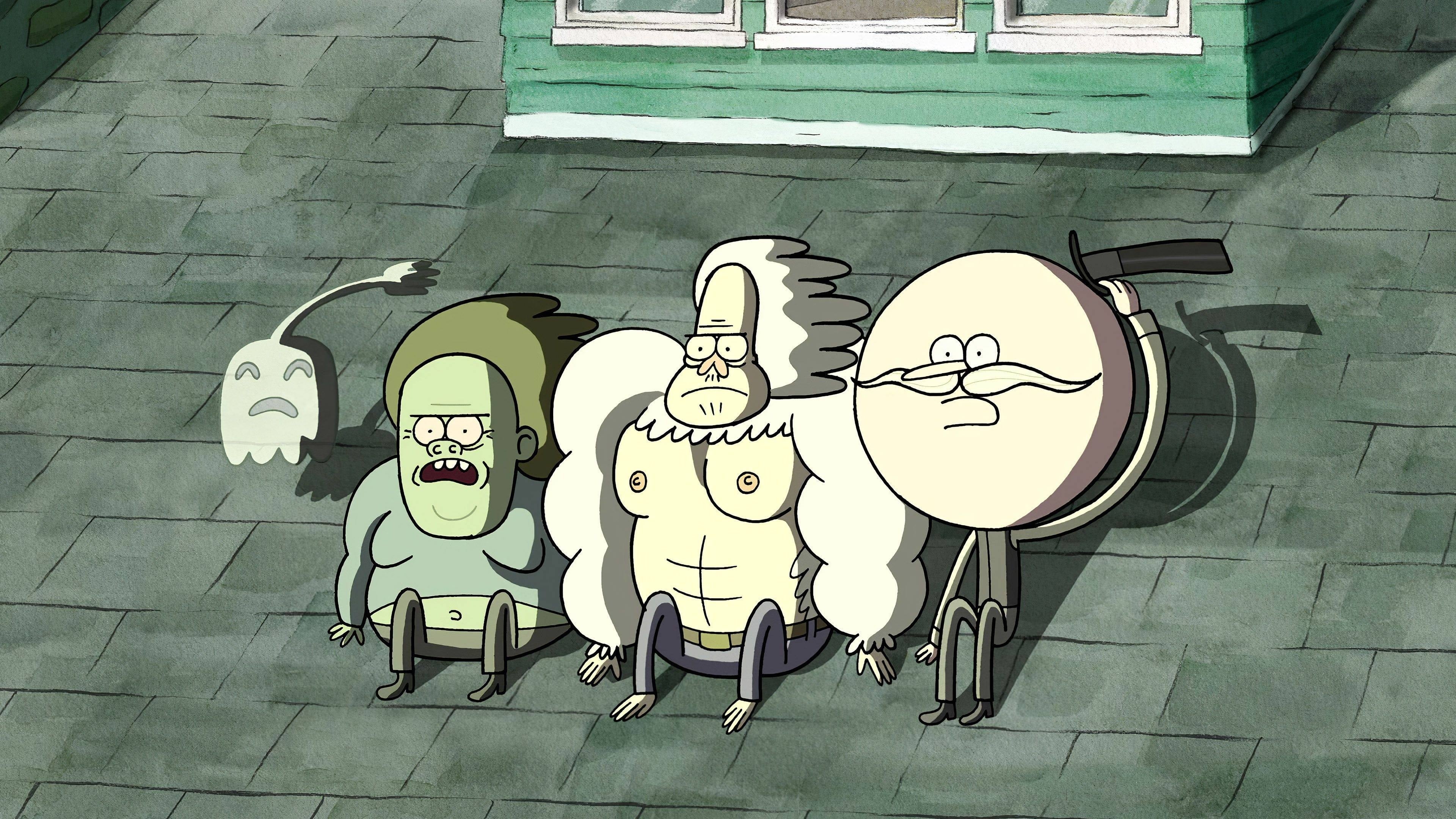 Skips sitting on the roof, Muscle Man on shingles, Pops in top hat, Hi Five Ghost, Regular Show, 4K Desktop wallpaper