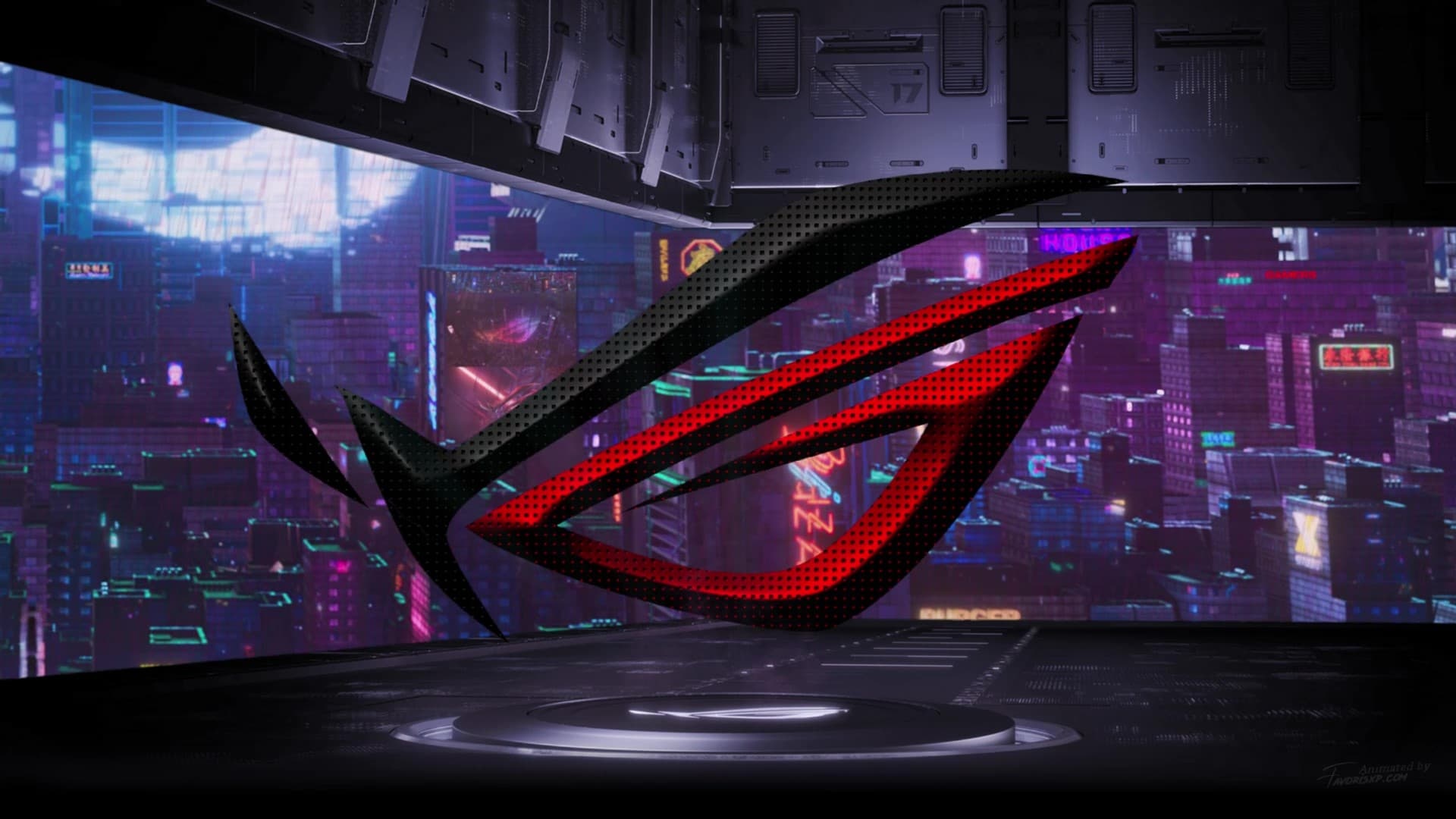 ASUS Republic of Gamers logo, Curved gaming monitor, Neon cyberpunk cityscape display, Halftone dot pattern, Full HD Desktop wallpaper