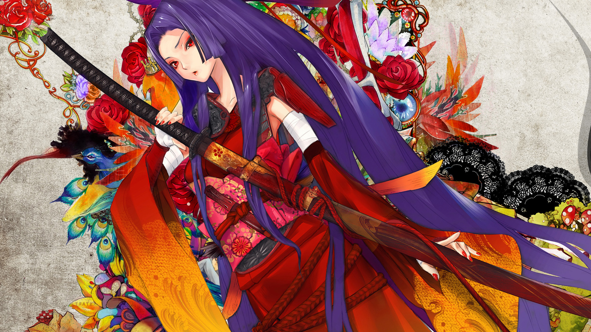 Purple-haired female samurai, Ornate katana sword, Red layered kimono, Full HD Desktop wallpaper