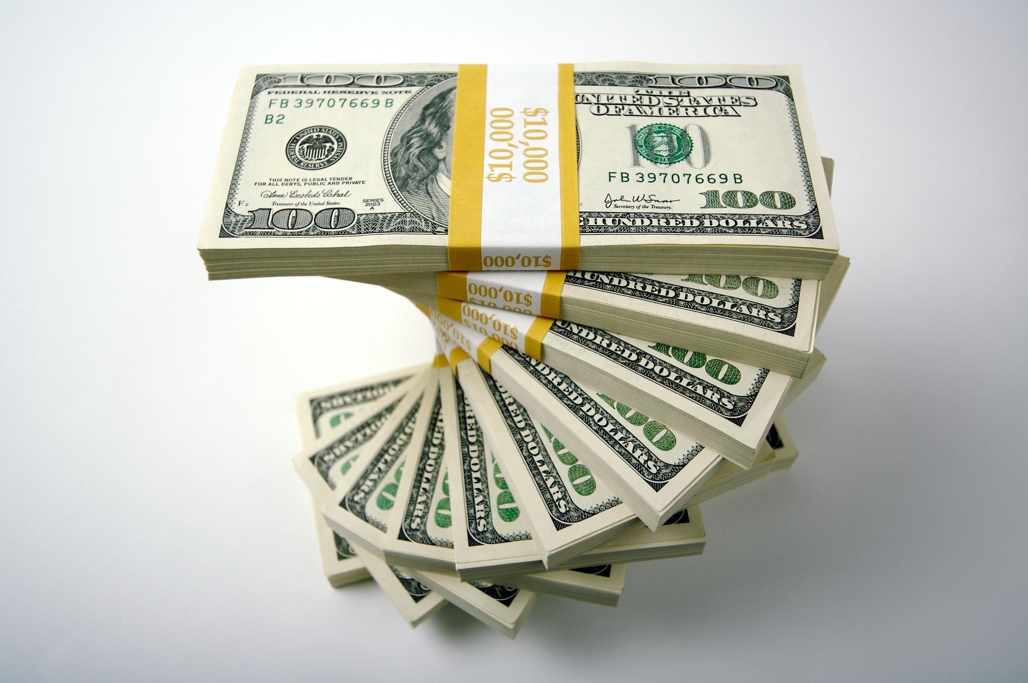 United States hundred-dollar bills, $10,000 currency straps, Spiraled cash stack, HD Desktop wallpaper