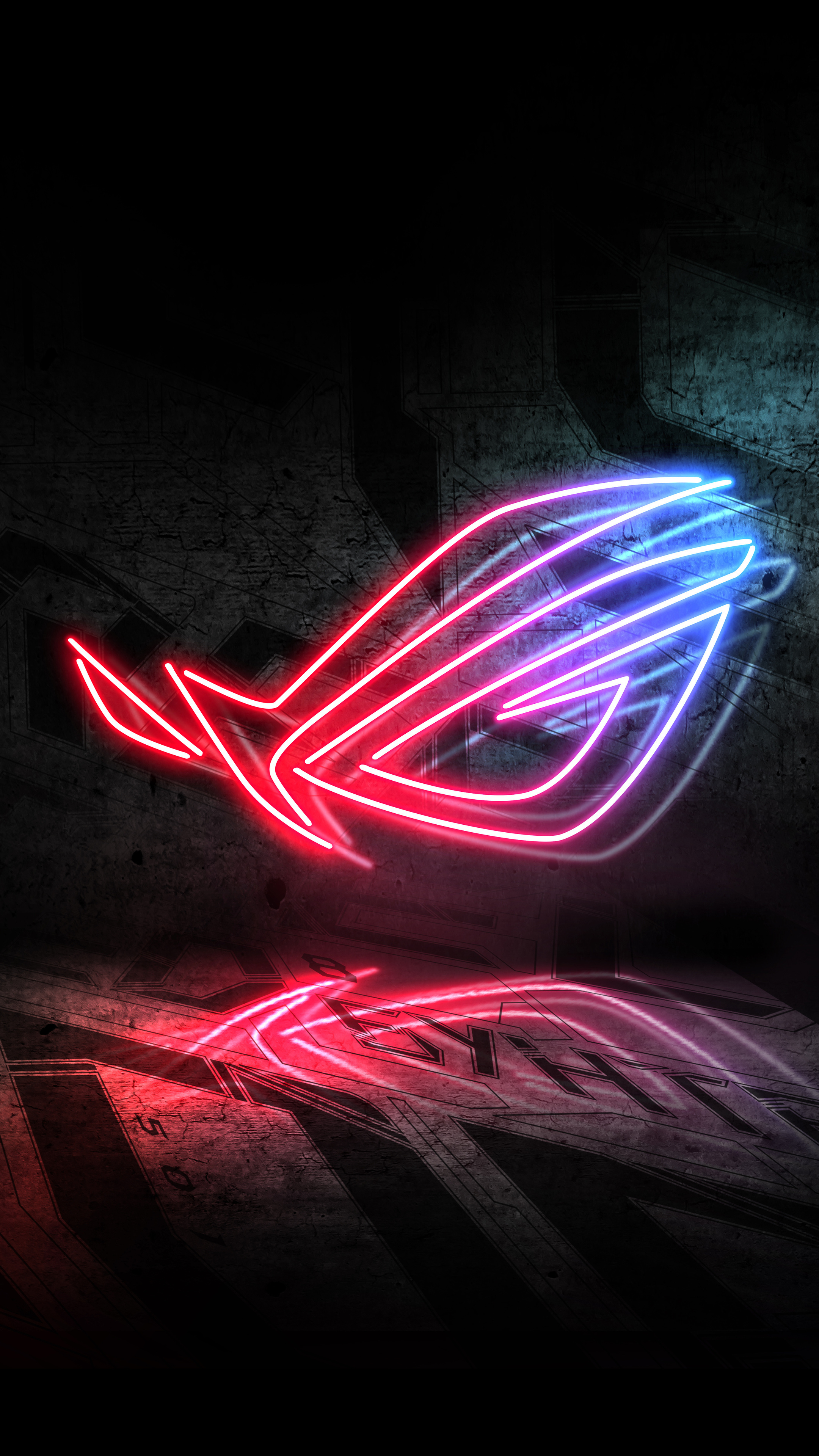 ASUS Republic of Gamers neon sign, Red and blue neon tubing, Grungy concrete floor reflection, 4K Phone wallpaper